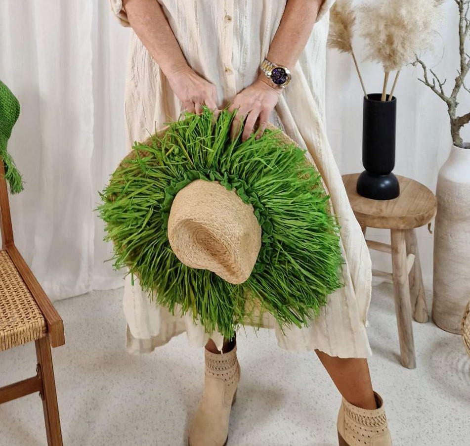 BOHO STROHHUT BENNO GRÜN Italy Design geflochtener Sonnenhut Sommerhut Mütze