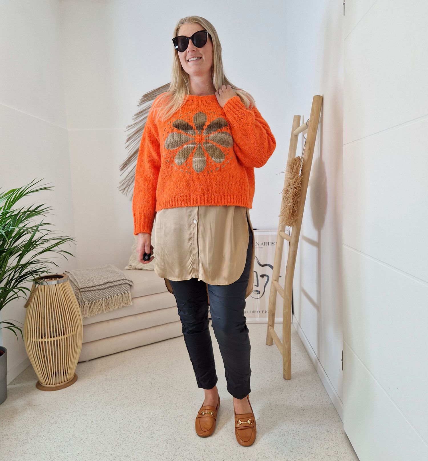 KNIT SWEATER GRETA FLOWER ORANGE Strickpullover Pullover 34-42 Made in Italy versch. Farben KNIT SWEATER GRETA FLOWER ORANGE Strickpullover Pullover 34-42 Made in Italy versch. Farben