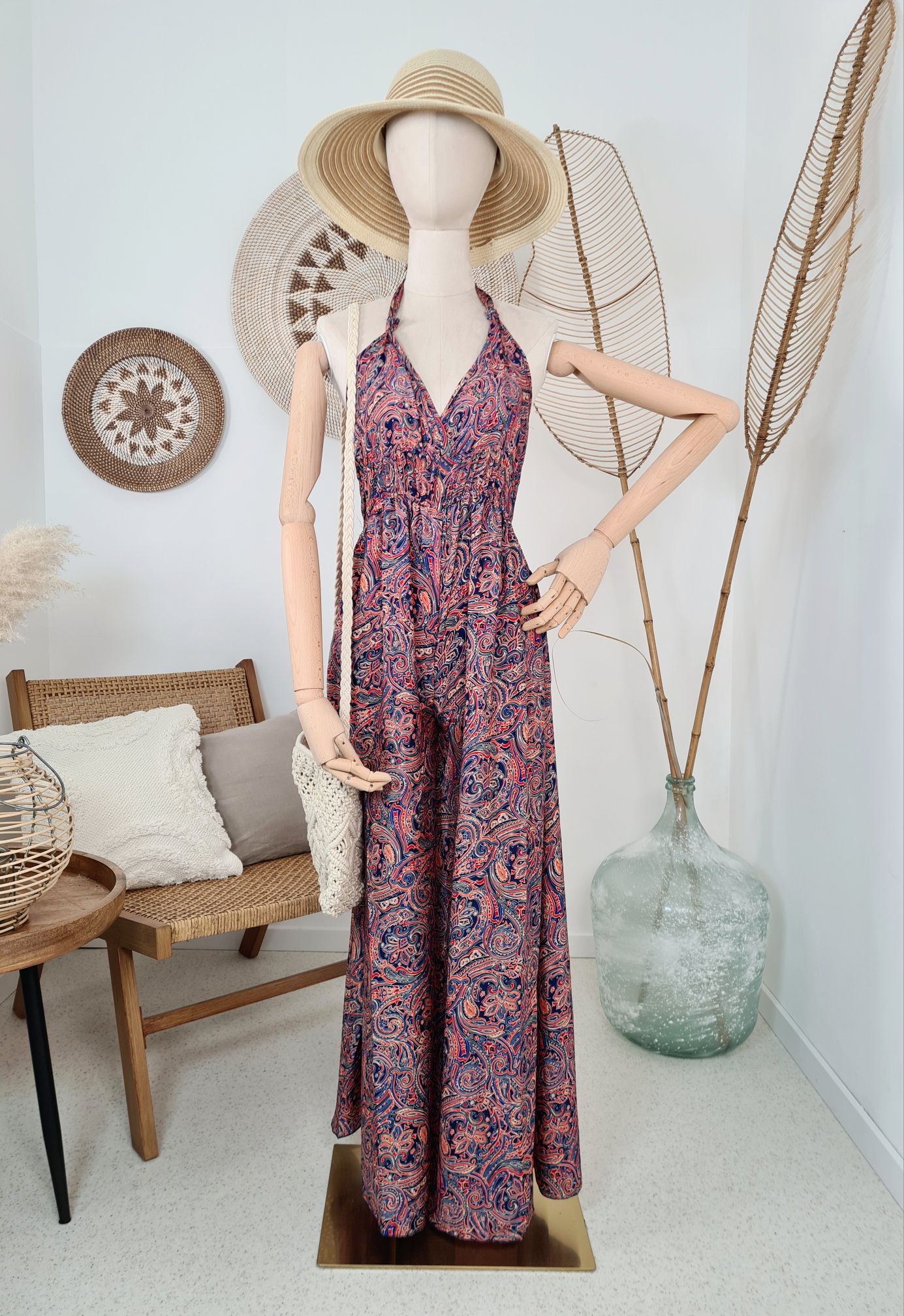 WICKEL JUMPSUIT JUNA SMALL BLAU ROT 34-38/40 Italy Style Kunstseide #1065 Einteiler Overall
