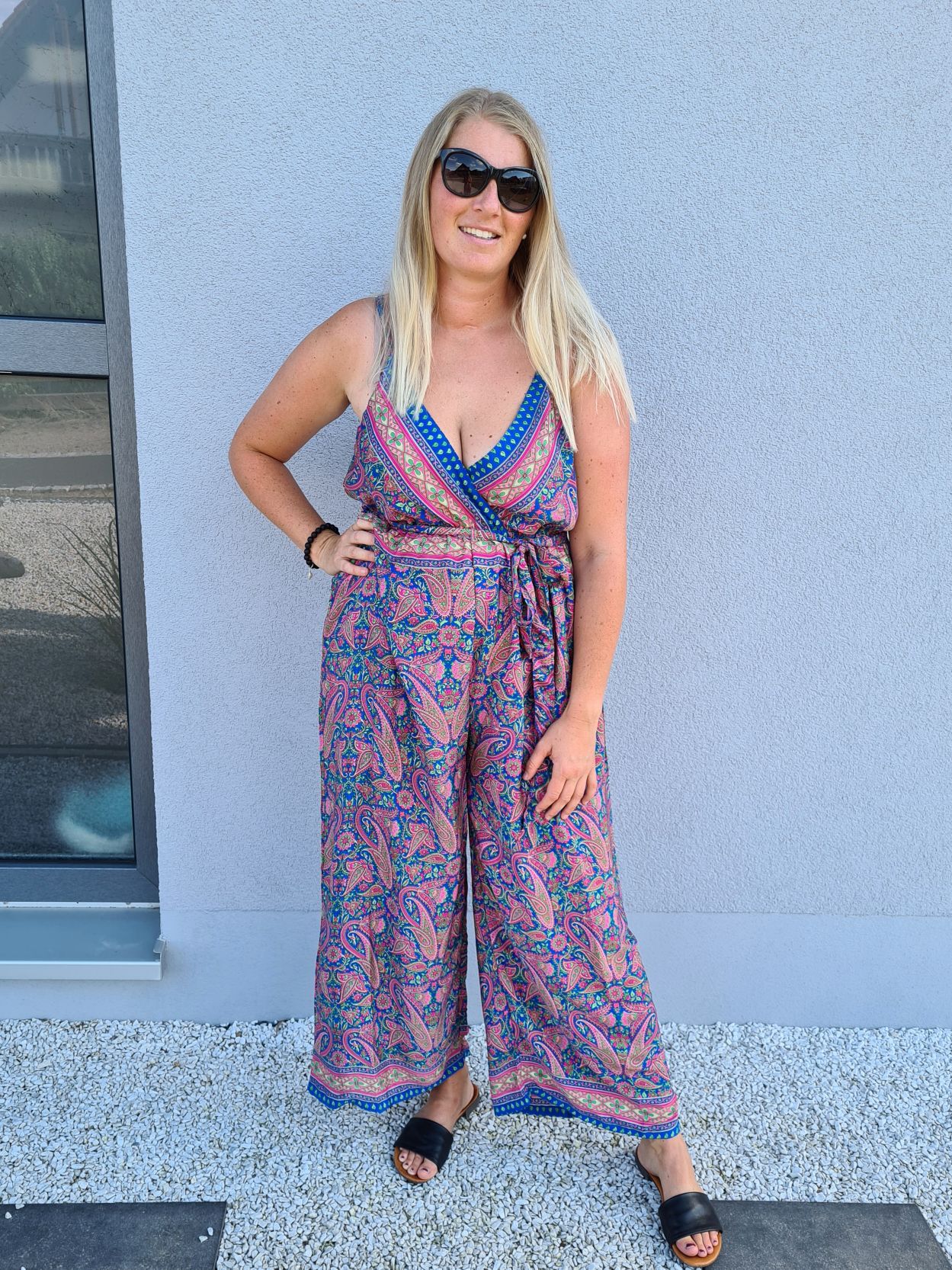 SILK JUMPSUIT MALEDIVE LEAVES BLAU PINK 1297 34-42 Boho Bohemian Overall Kunstseide SILK JUMPSUIT MALEDIVE LEAVES BLAU PINK 1297 34-42 Boho Bohemian Overall Kunstseide