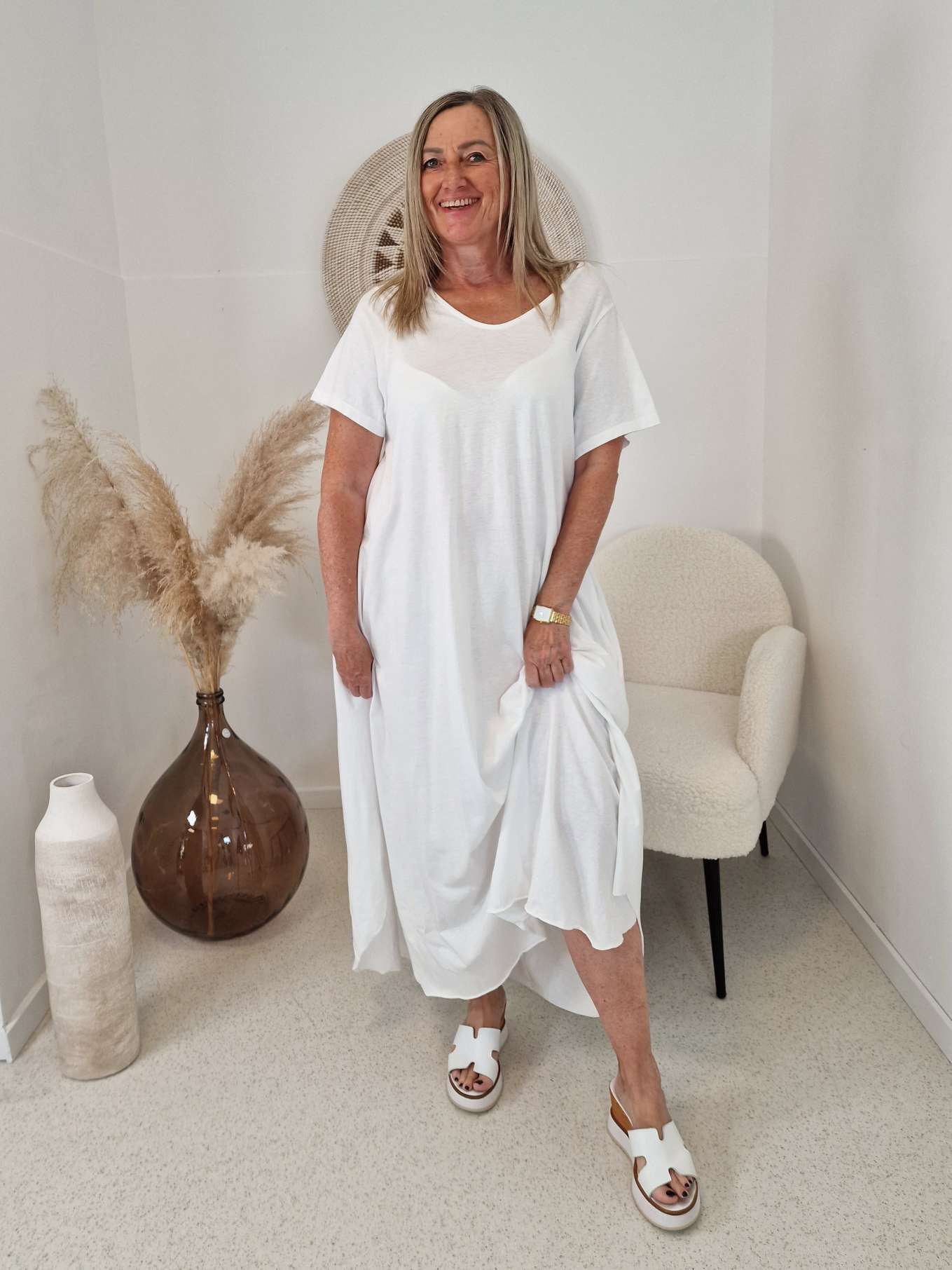 MAXI SHIRTKLEID BECKY  WEIß 3842/44 Made in Italy Langarm Kleid