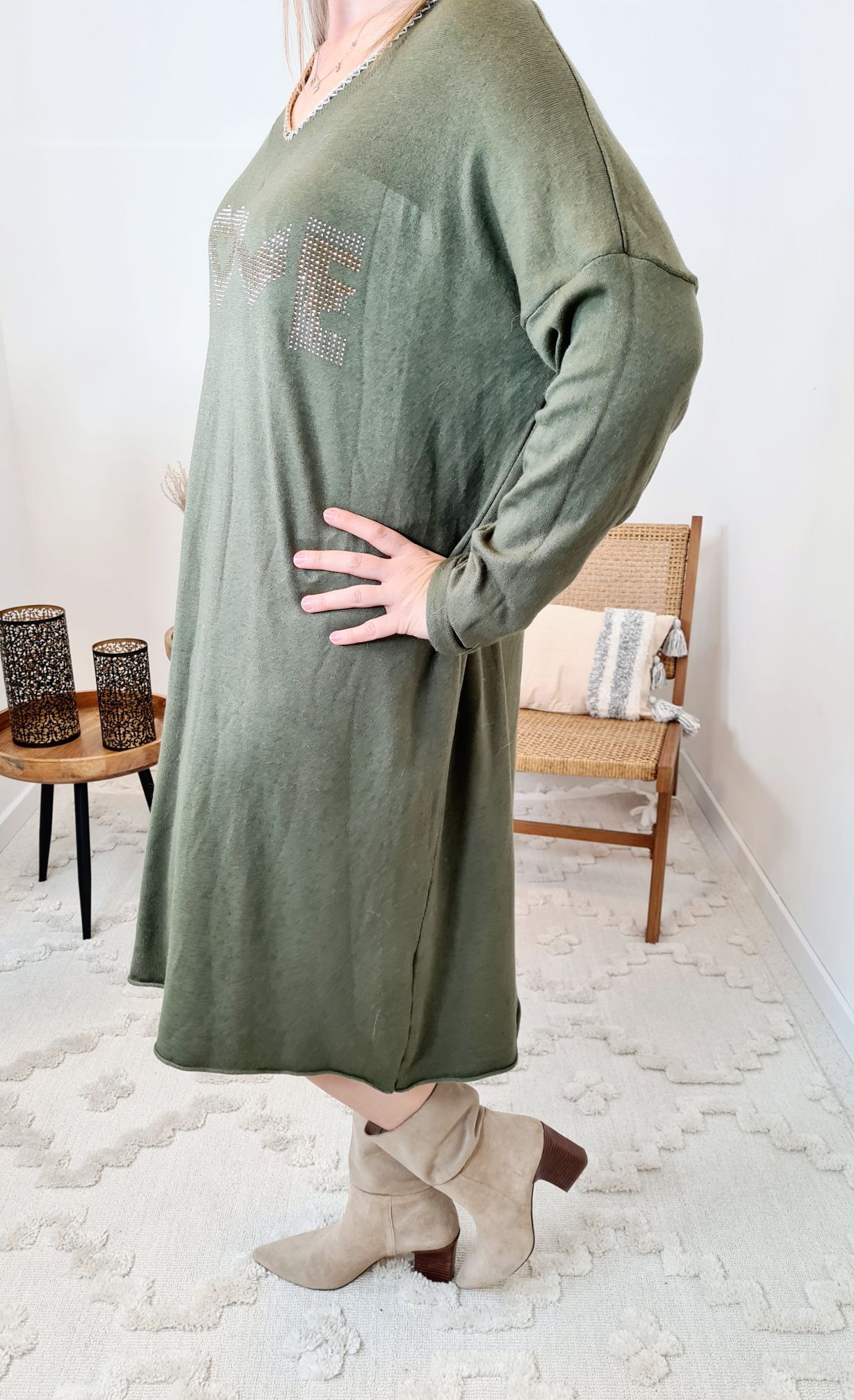 SWEATKLEID ZOEY LOVE KHAKI 34-42 Made in Italy Langarm Strickkleid Oversize SWEATKLEID ZOEY LOVE KHAKI 34-42 Made in Italy Langarm Strickkleid Oversize