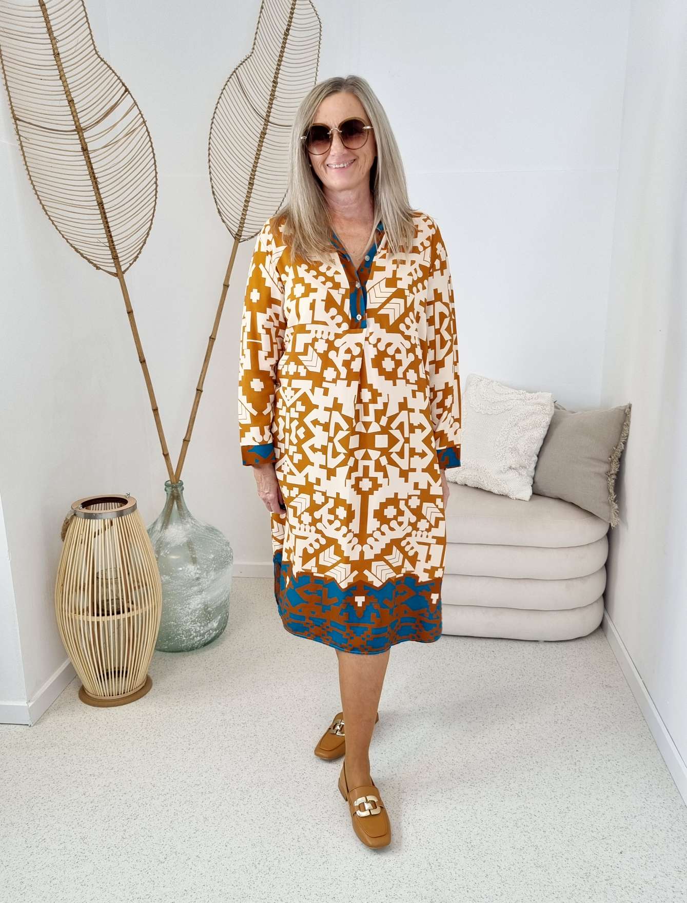 BLUSEN KLEID LUCIA CREME CAMEL langes Kleid Dress Longbluse Made in Italy 34-42