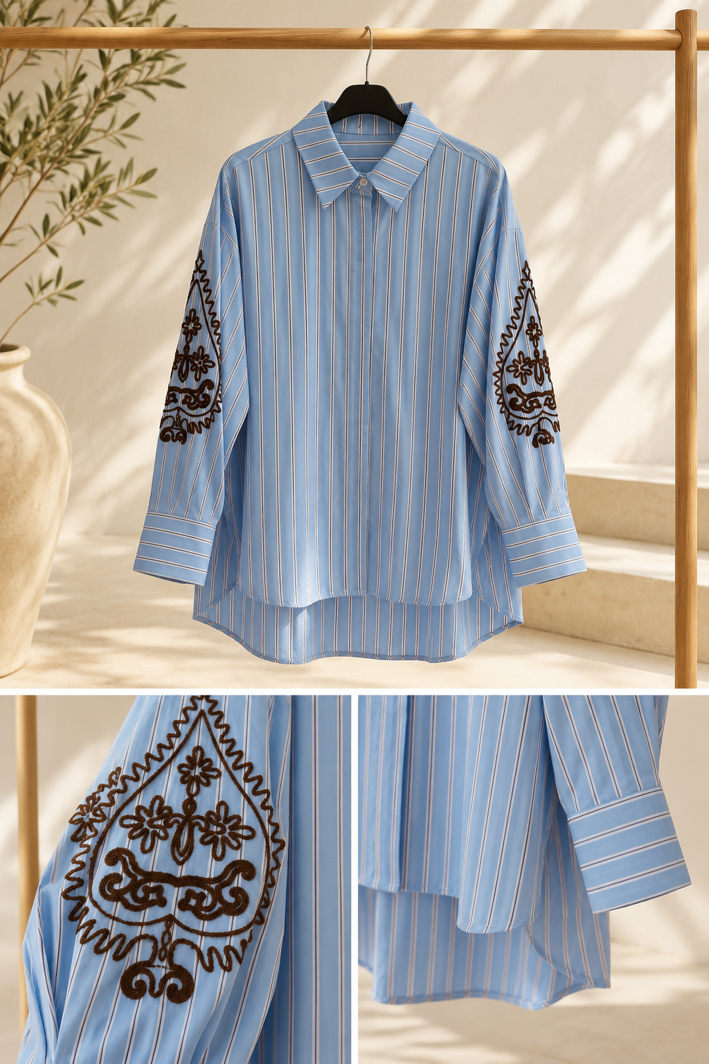 Oversize-Bluse Angelina mit feiner Stickerei – Hellblau gestreift mit edler Ärmelstickerei | Made für stilvolle Everyday-Looks