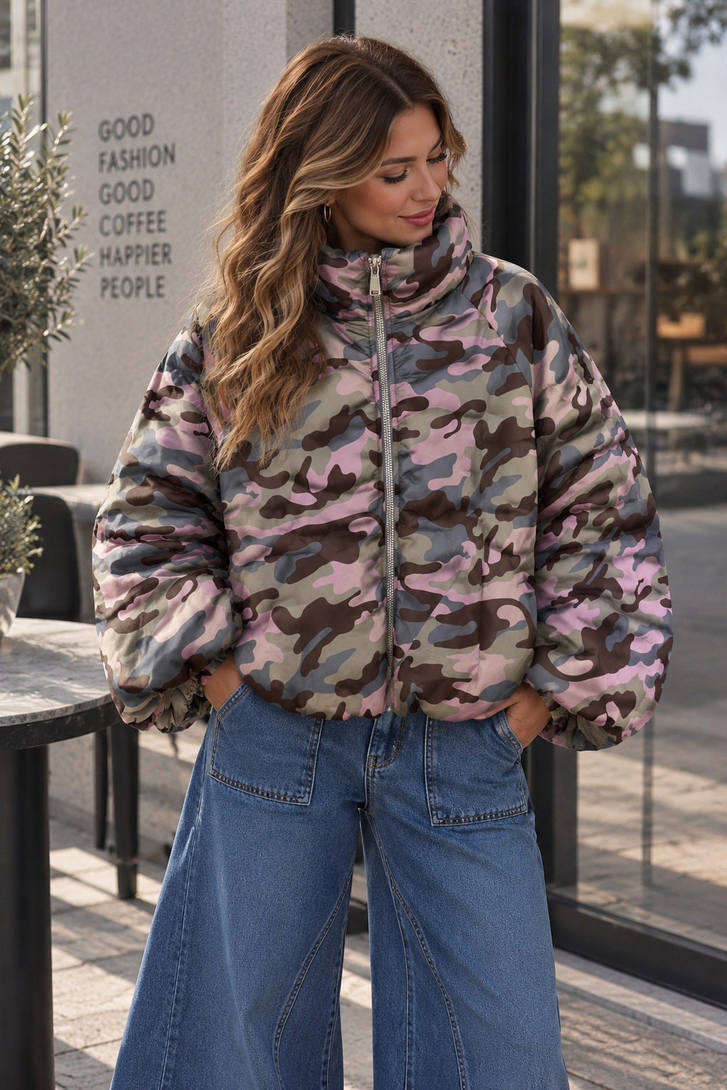 Jacke Puffy Monika CAMOUFLAGE – lässiger Allrounder für die Übergangszeit Made in Italy 34-42
