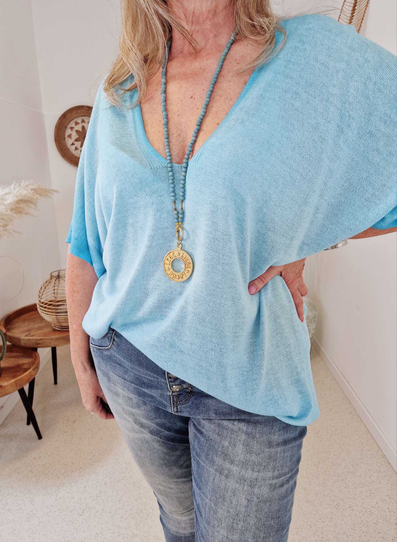 LIGHT KNIT SHIRT MELANIA TÜRKIS  34-42 Made in Italy Basic Oversize T-Shirt Pullover