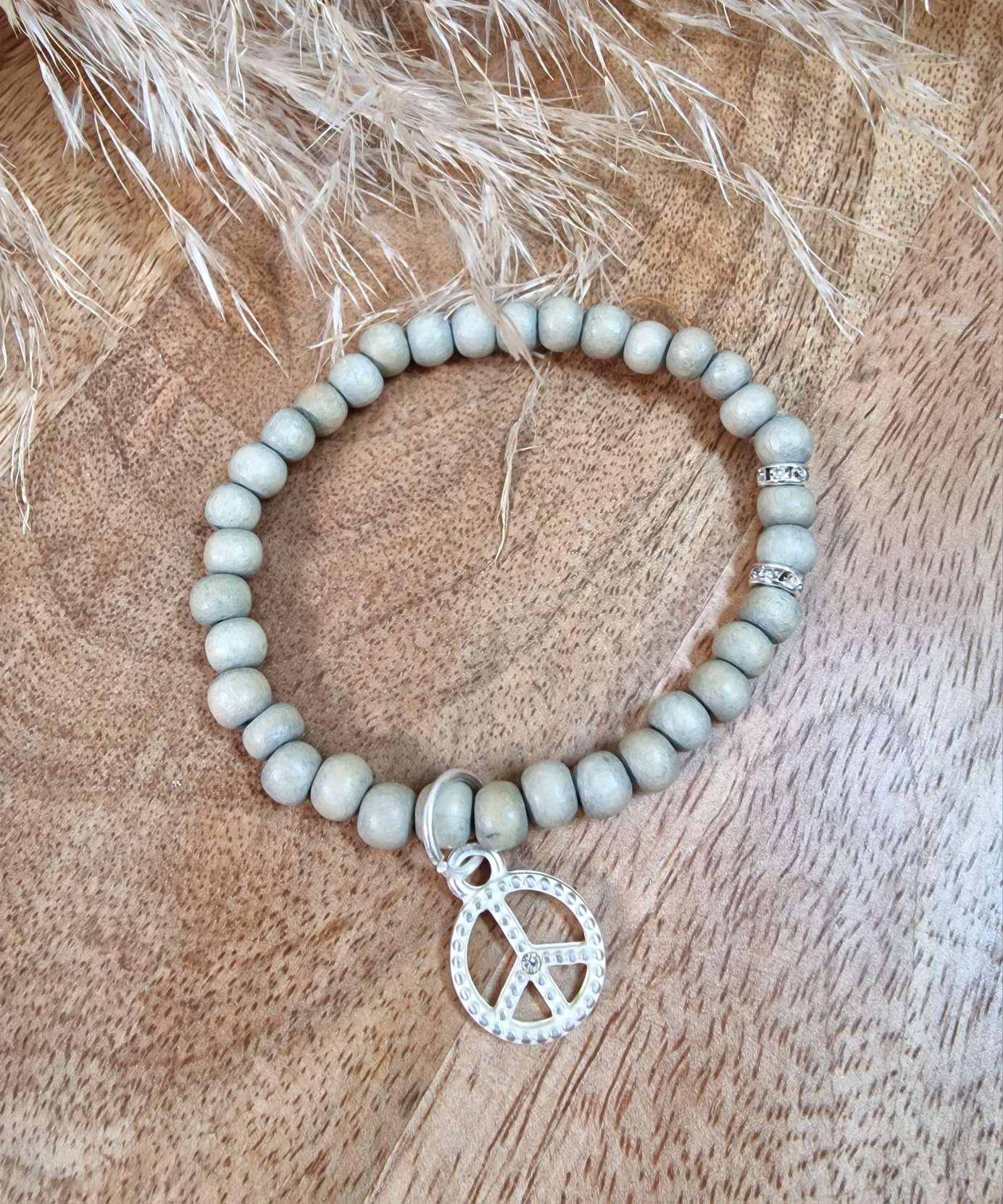 BRACELET GREY SILVER SHINY PEACE  Trenc City Armband  braun Akazienholz Perlen 
