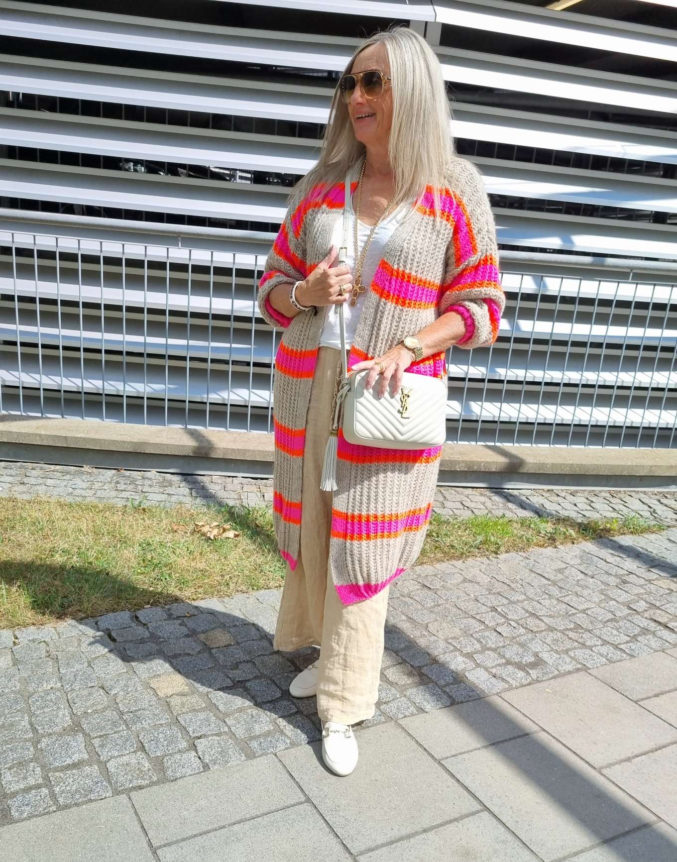 LONG KNIT CARDIGAN MYKONOS STRIPES BEIGE langer Strick Mantel Jacke Made in Italy Streifen 34-42 LONG KNIT CARDIGAN MYKONOS STRIPES BEIGE langer Strick Mantel Jacke Made in Italy Streifen 34-42