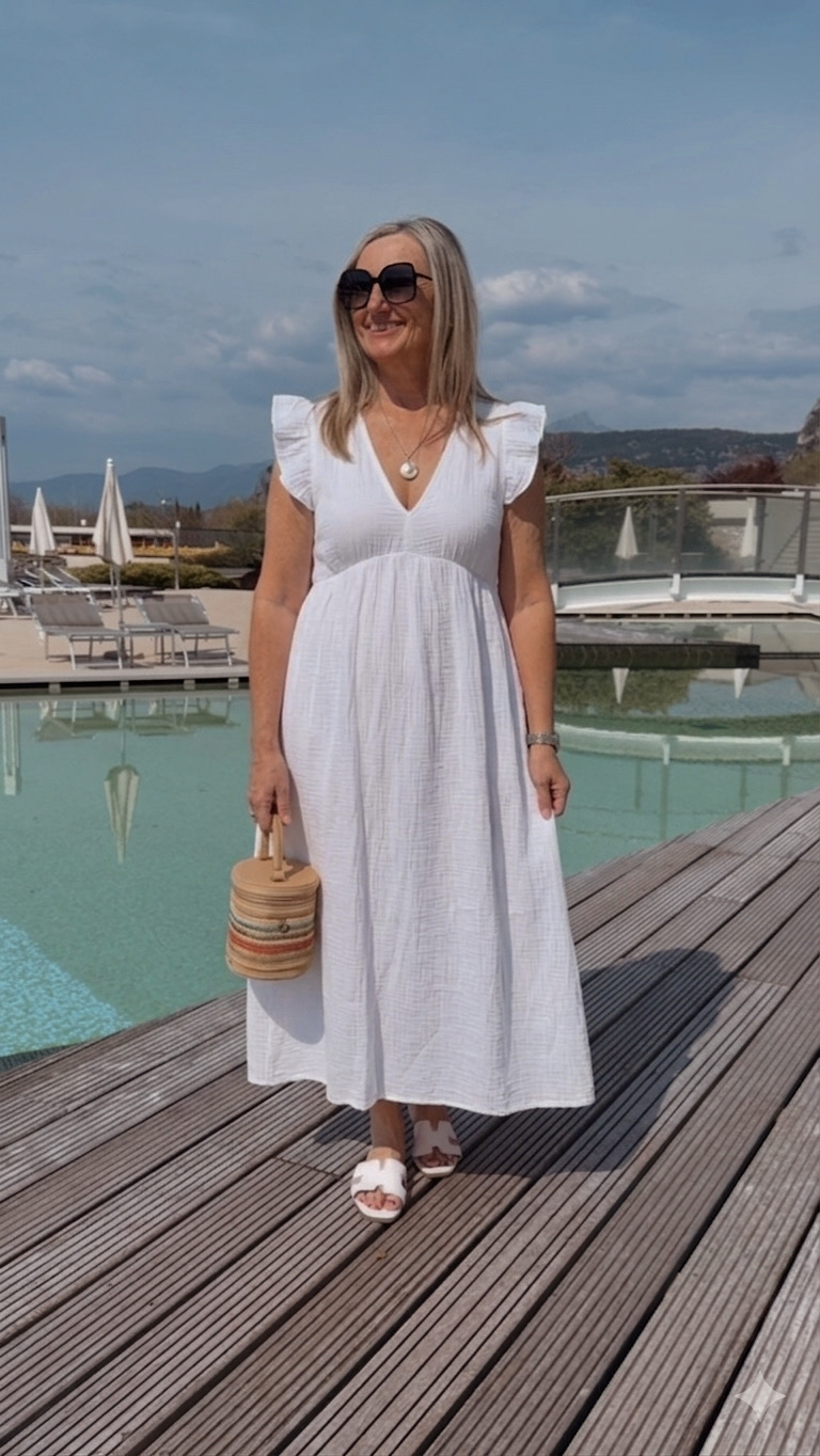 MUSSELIN KlEID ZOE BIANCO MIA 34 - 42 Made in Italy ärmellos Rüsche