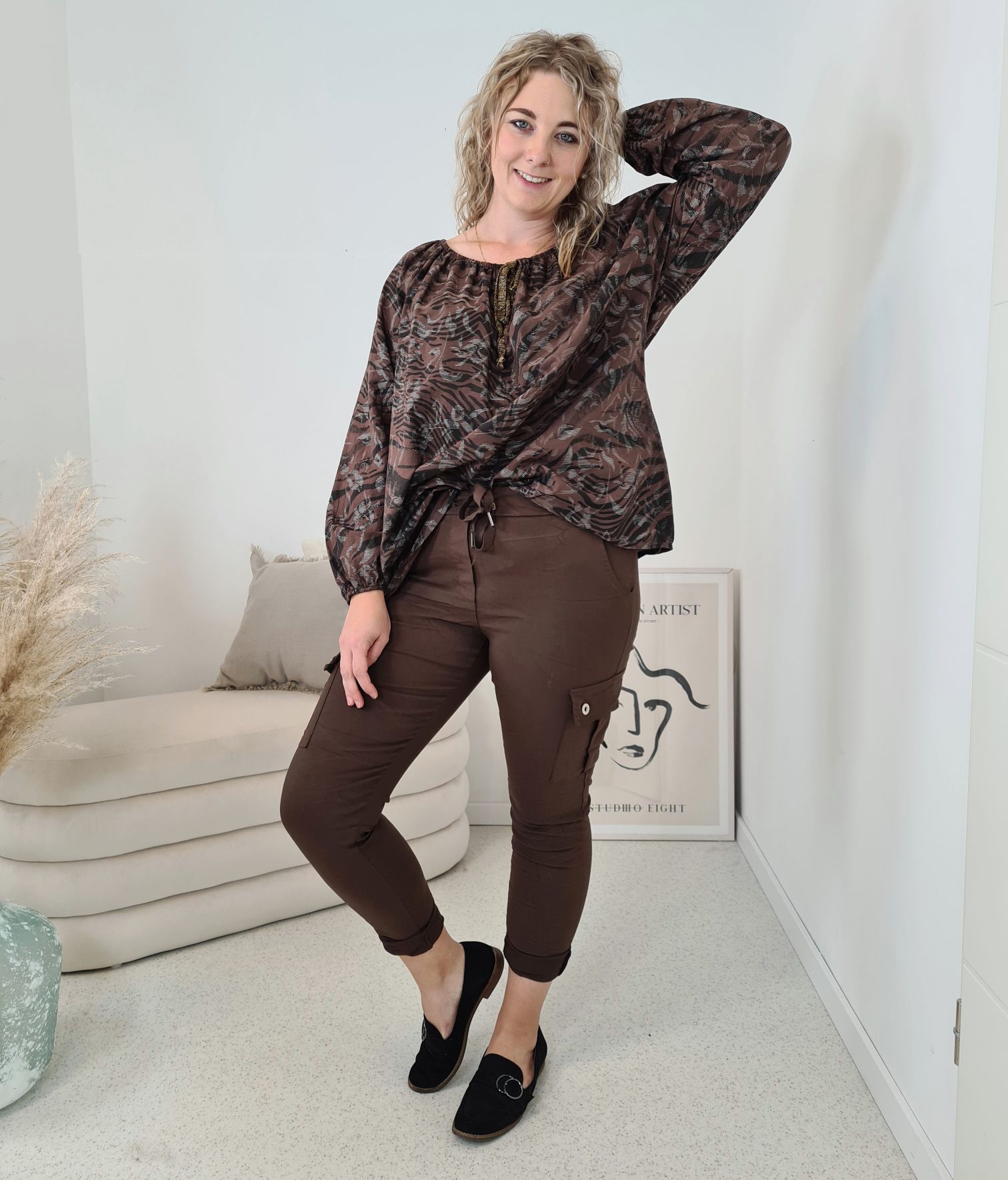 GLAMOUR BLUSEN SHIRT CANDELA BRAUN Metallic Made in Italy 34-42 Langarm verschiedene Farben