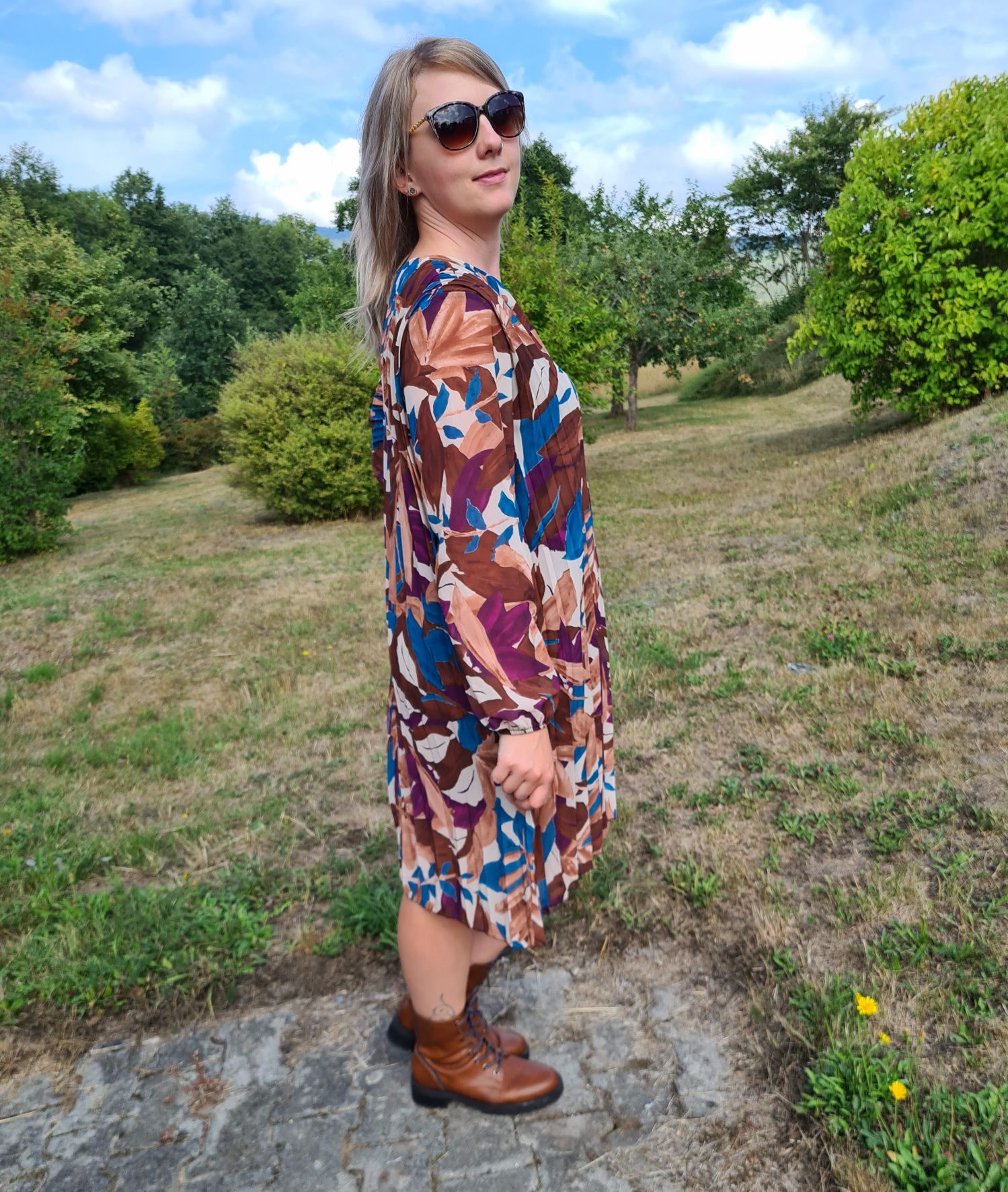 PLISSEE DRESS GINA LEAVES PETROL 36-42 Made in Italy Plissee Herbst Kleid PLISSEE DRESS GINA LEAVES PETROL 36-42 Made in Italy Plissee Herbst Kleid