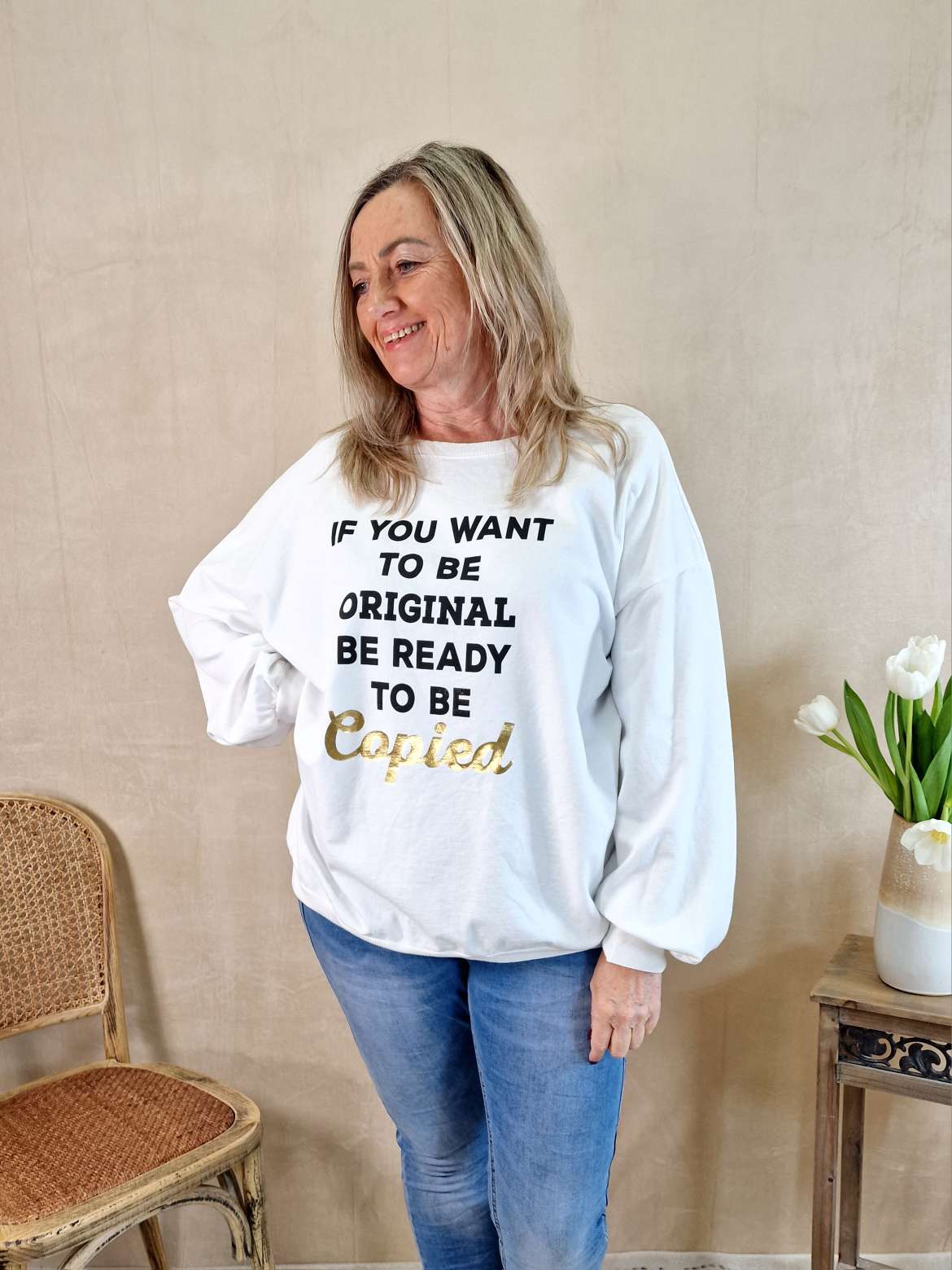 SWEATER COPIED WEISS Longsleeve Langarm Statement Shirt Made in Italy 34-42 verschiedene Farben SWEATER COPIED WEISS Longsleeve Langarm Statement Shirt Made in Italy 34-42 verschiedene Farben