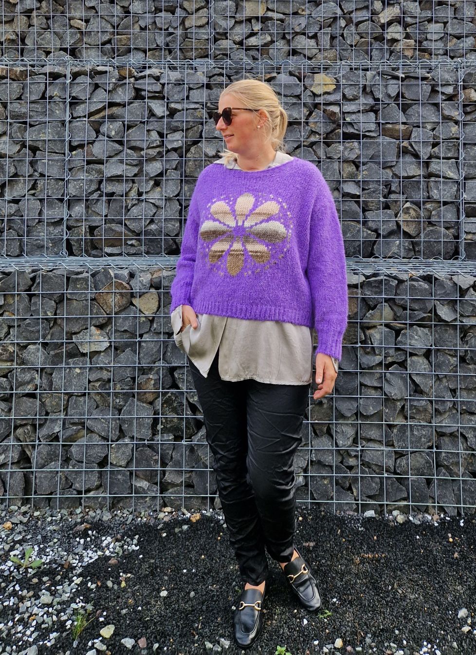 KNIT SWEATER GRETA FLOWER LILA Strickpullover Pullover 34-42 Made in Italy versch. Farben KNIT SWEATER GRETA FLOWER LILA Strickpullover Pullover 34-42 Made in Italy versch. Farben