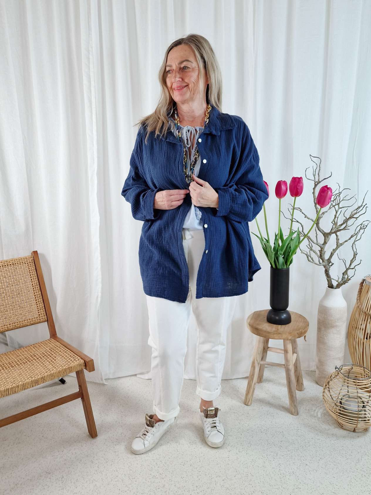 MUSSELIN OVERSIZE BLUSE KORFU DUNKELBLAU 34-42 Made in Italy Longbluse Kleid Tunika Shirt Blusenjacke