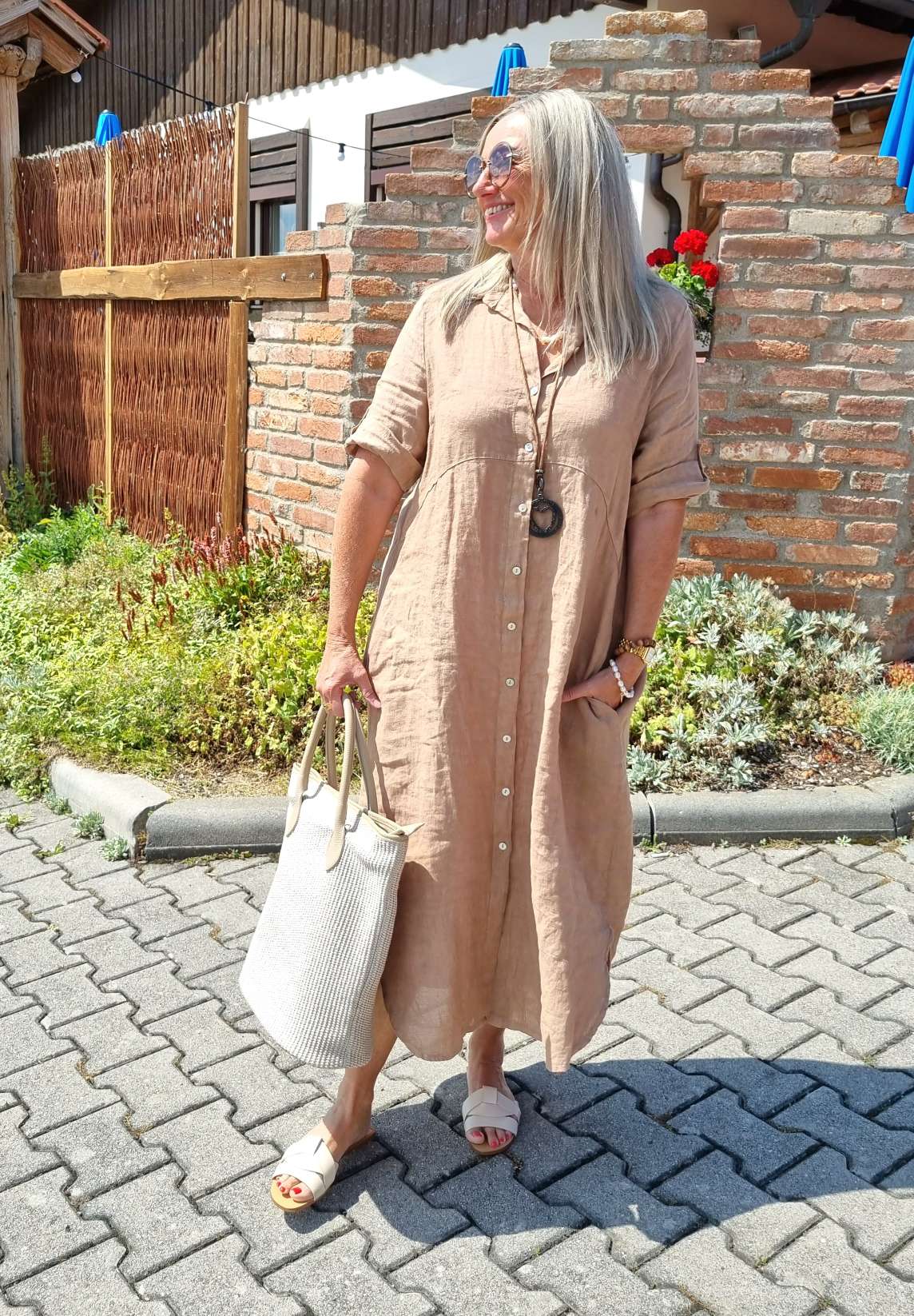 LINEN DESS WILMA CAMEL 34-42 Made in Italy Leinen Kleid Long Bluse Mantel LINEN DESS WILMA CAMEL 34-42 Made in Italy Leinen Kleid Long Bluse Mantel