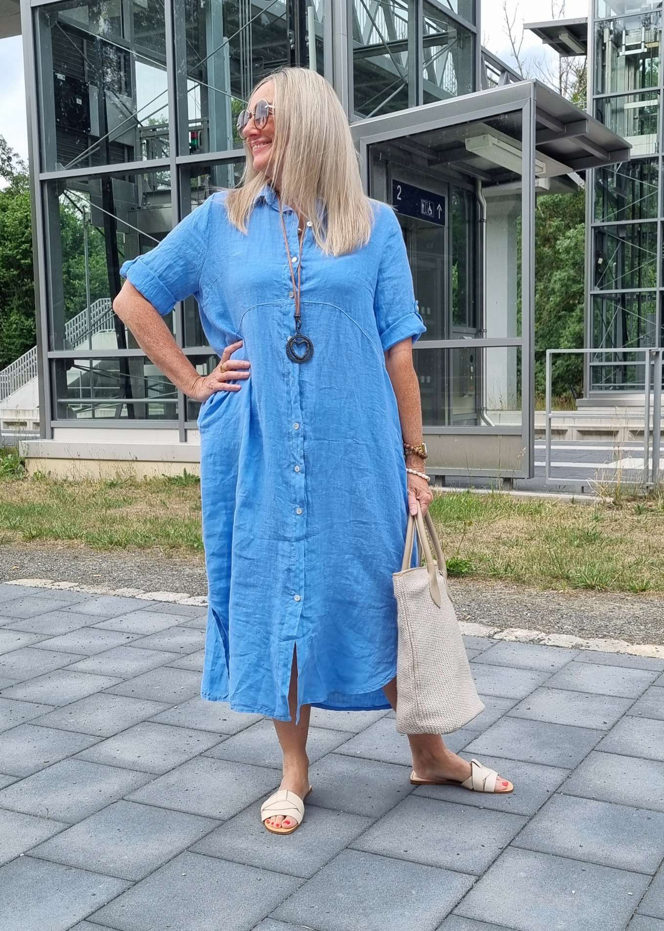 LINEN DESS WILMA DENIM BLAU 34-42 Made in Italy Leinen Kleid Long Bluse Mantel LINEN DESS WILMA DENIM BLAU 34-42 Made in Italy Leinen Kleid Long Bluse Mantel