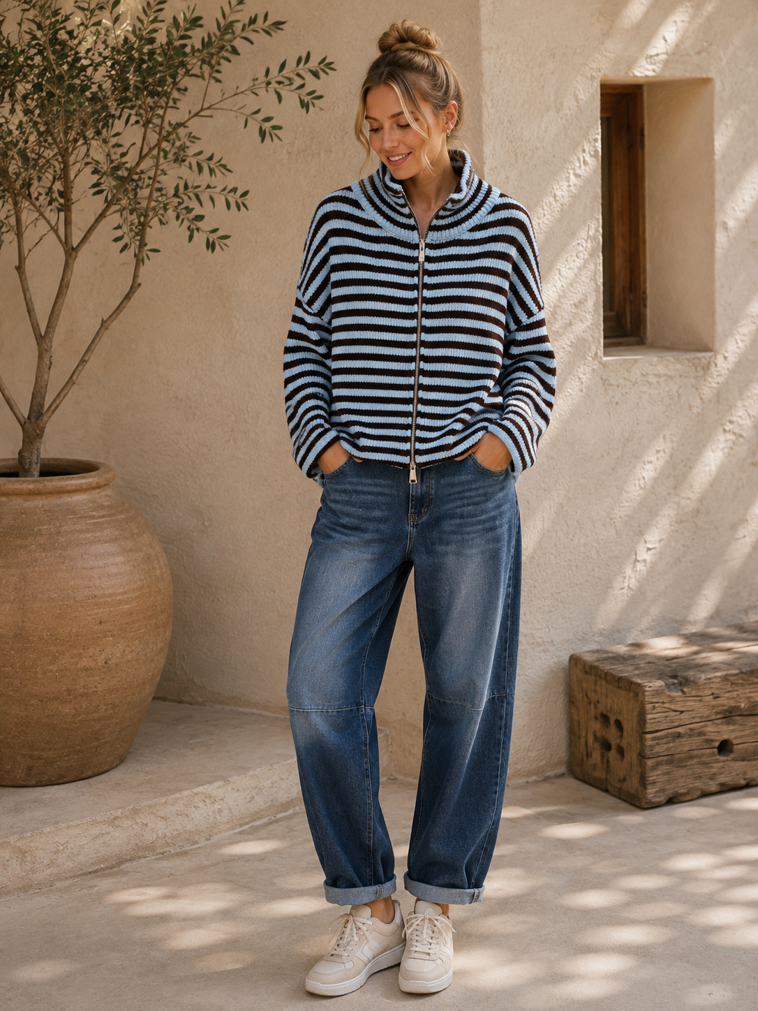 Strickjacke Celia – Streifenlook mit 2-Wege-Reißverschluss Made in Italy 34-40/42 Cardigan