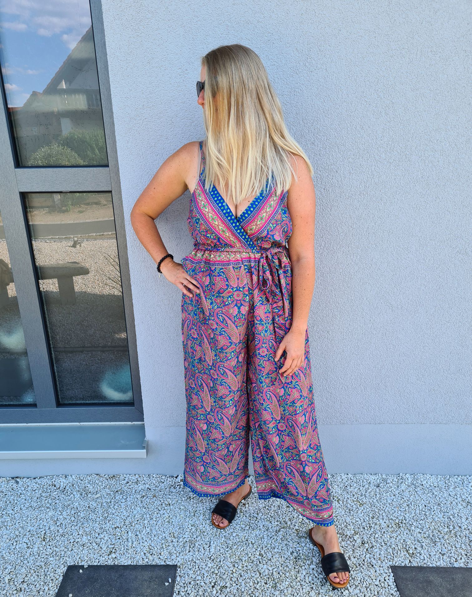 SILK JUMPSUIT MALEDIVE LEAVES BLAU PINK 1297 34-42 Boho Bohemian Overall Kunstseide SILK JUMPSUIT MALEDIVE LEAVES BLAU PINK 1297 34-42 Boho Bohemian Overall Kunstseide