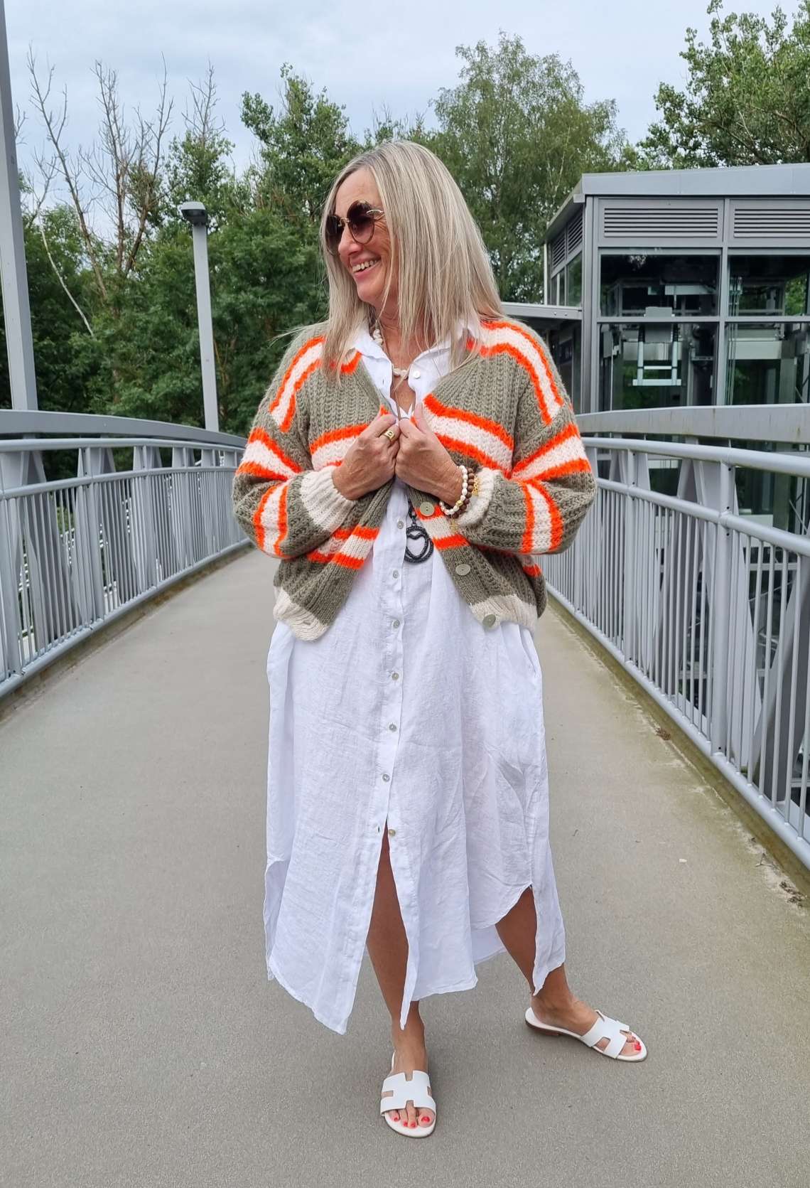 SHORT KNIT CARDIGAN MYKONOS STRIPES BUTTONS KHAKI ORANGE CREME kurze Strick Jacke Made in Italy Streifen Knöpfe 34-42 SHORT KNIT CARDIGAN MYKONOS STRIPES BUTTONS KHAKI ORANGE CREME kurze Strick Jacke Made in Italy Streifen Knöpfe 34-42