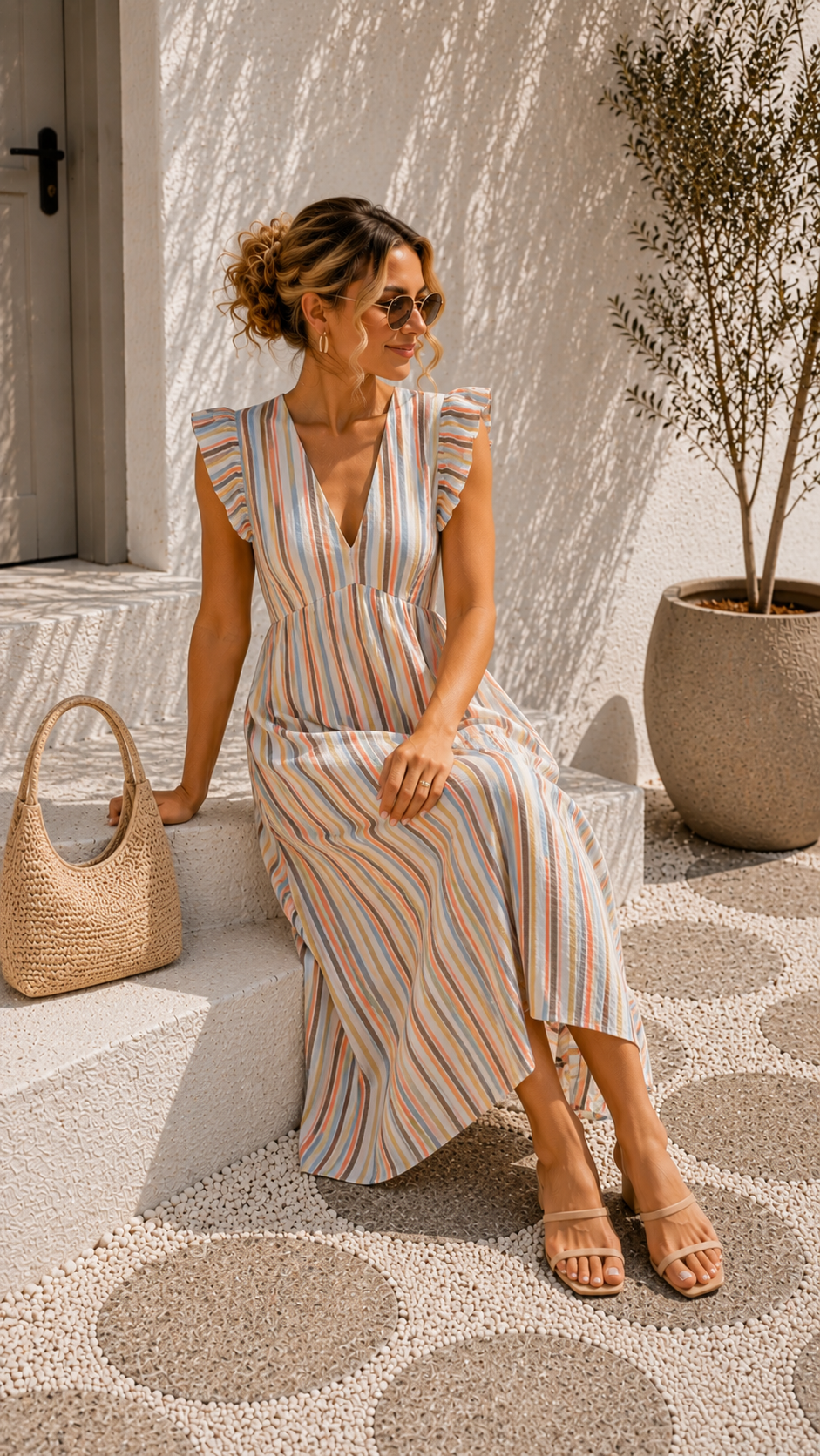 MUSSELIN KLEID ZOE STRIPES 34 - 42 Made in Italy ärmellos Rüsche