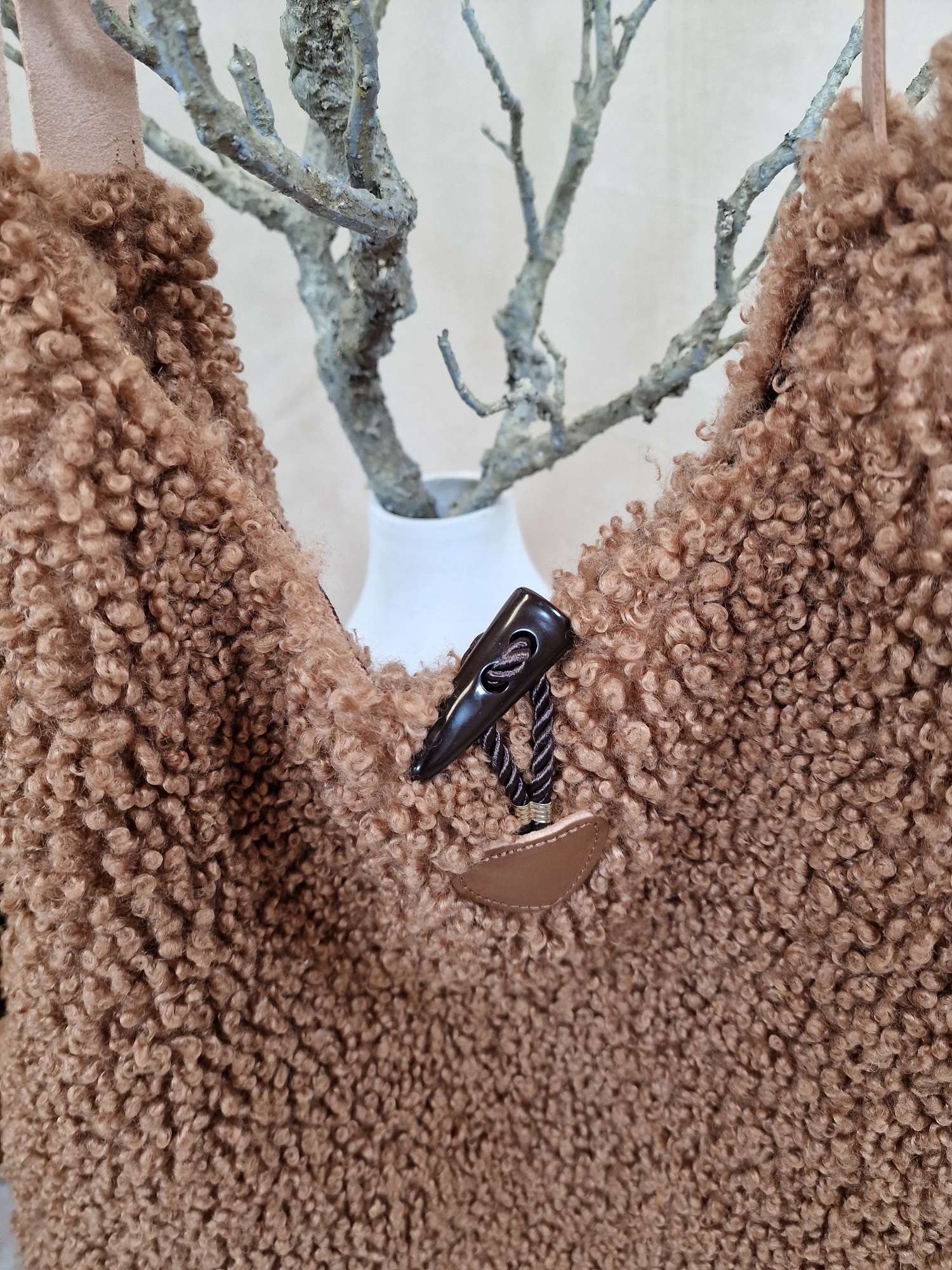 TEDDY FELL SHOPPER LIZZY CAMEL flauschige Shopping Bag mit Leder-Henkel Tasche Made in Italy TEDDY FELL SHOPPER LIZZY CAMEL flauschige Shopping Bag mit Leder-Henkel Tasche Made in Italy