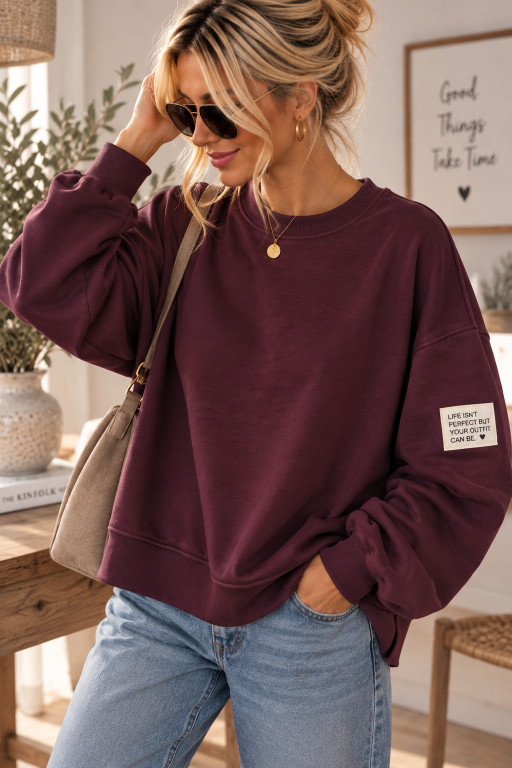 Butterstoff-Sweatshirt uni mit Statement-Patch – SW0094 Made in Italy Gr 34-42
