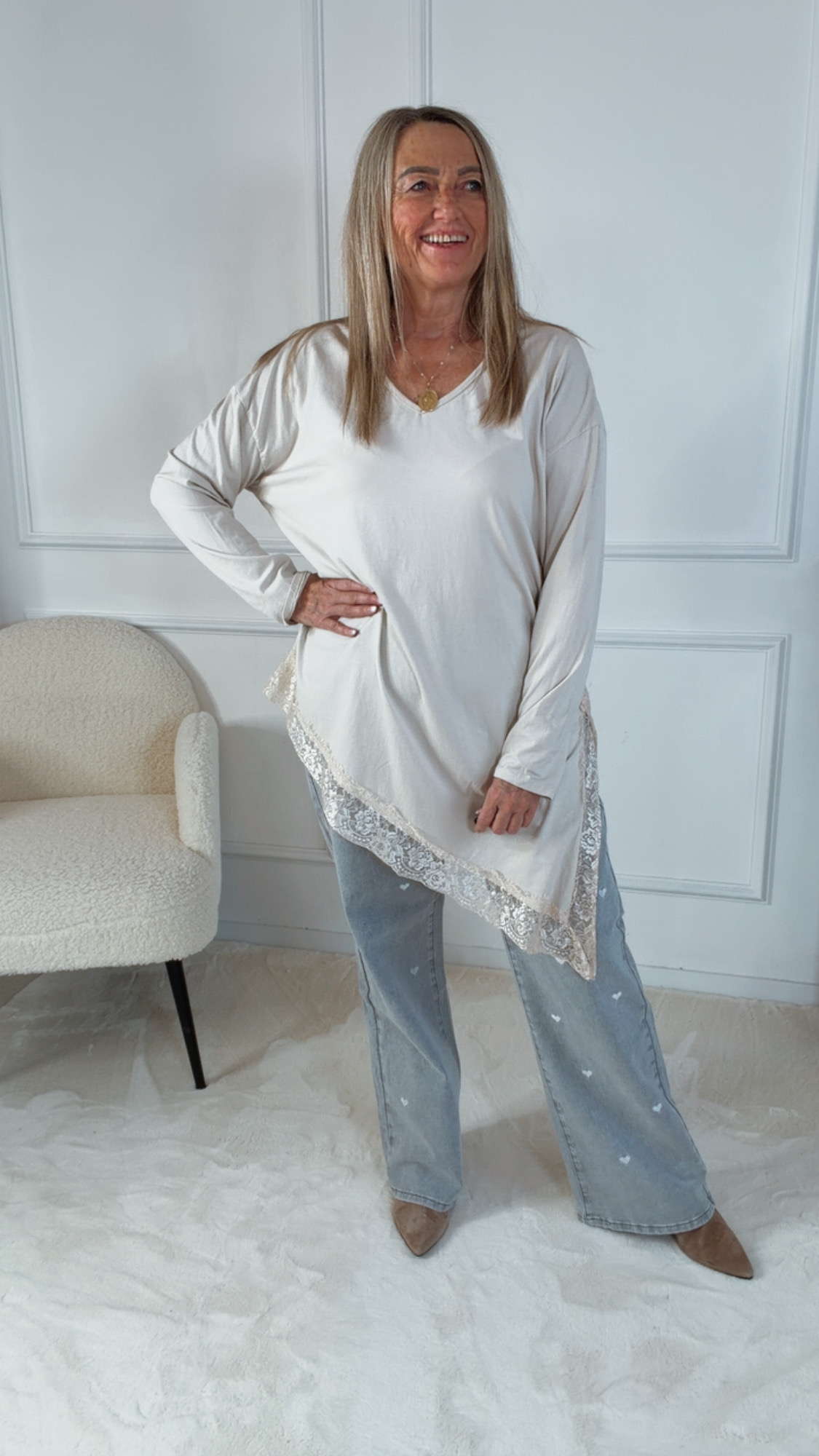 SPITZENSHIRT VITTORIA LANGARM ASYMMETRISCH Made in Italy 36 - 42