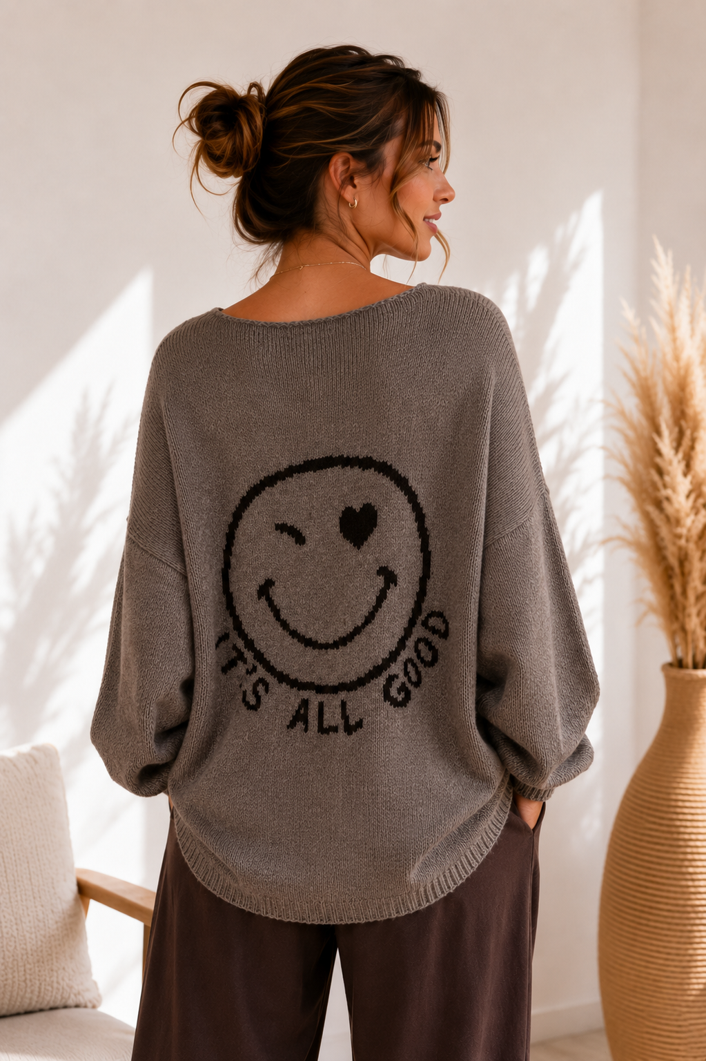 Strickpullover mit Smiley & Rückenprint Oversize I NO. SP0019 I Made in Italy 34-44/46
