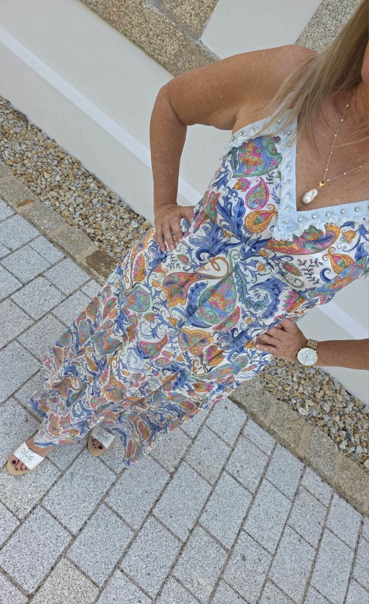 PAISLEY SPAGHETTIKLEID JEANSLOOK STRASS FRANSEN Italy Style 34-40/42