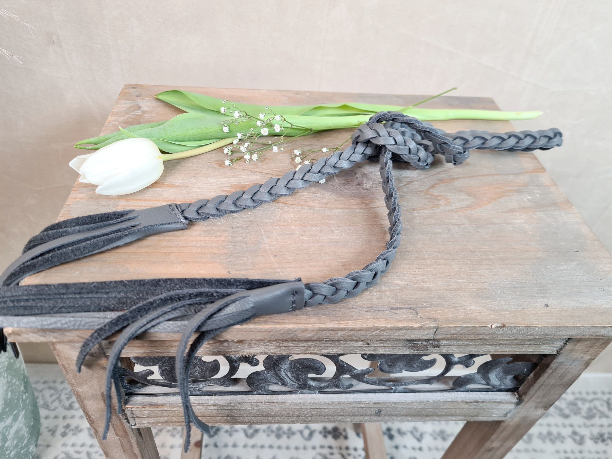 BELT BINDE GÜRTEL BRAID GRAU SMALL Made in Italy dünner Leder Taillengürtel Quaste geflochten