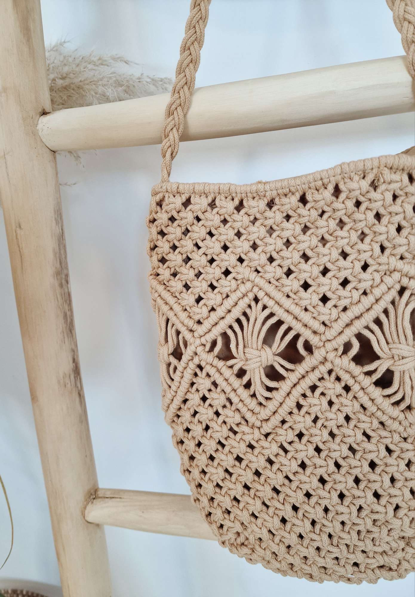 BOHO BAG MAKRAMEE CAMEL Italy Design Bohemian Tasche Beach Bag Basttasche Strand