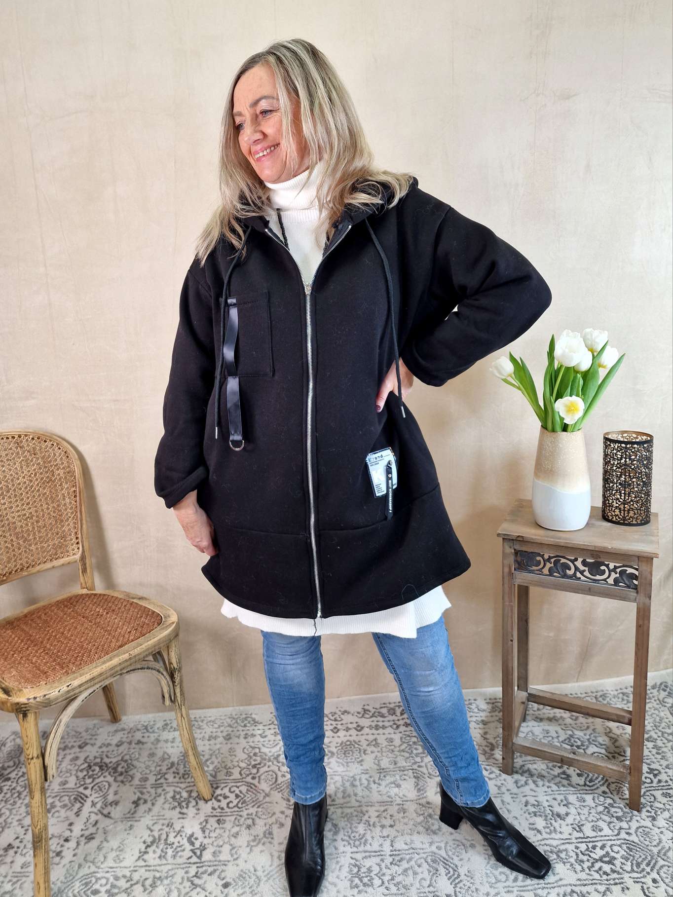 HOODIE SWEATER JACKE CARLO SCHWARZ 34-42 Made in Italy Oversize lange Sweatshirtjacke HOODIE SWEATER JACKE CARLO SCHWARZ 34-42 Made in Italy Oversize lange Sweatshirtjacke