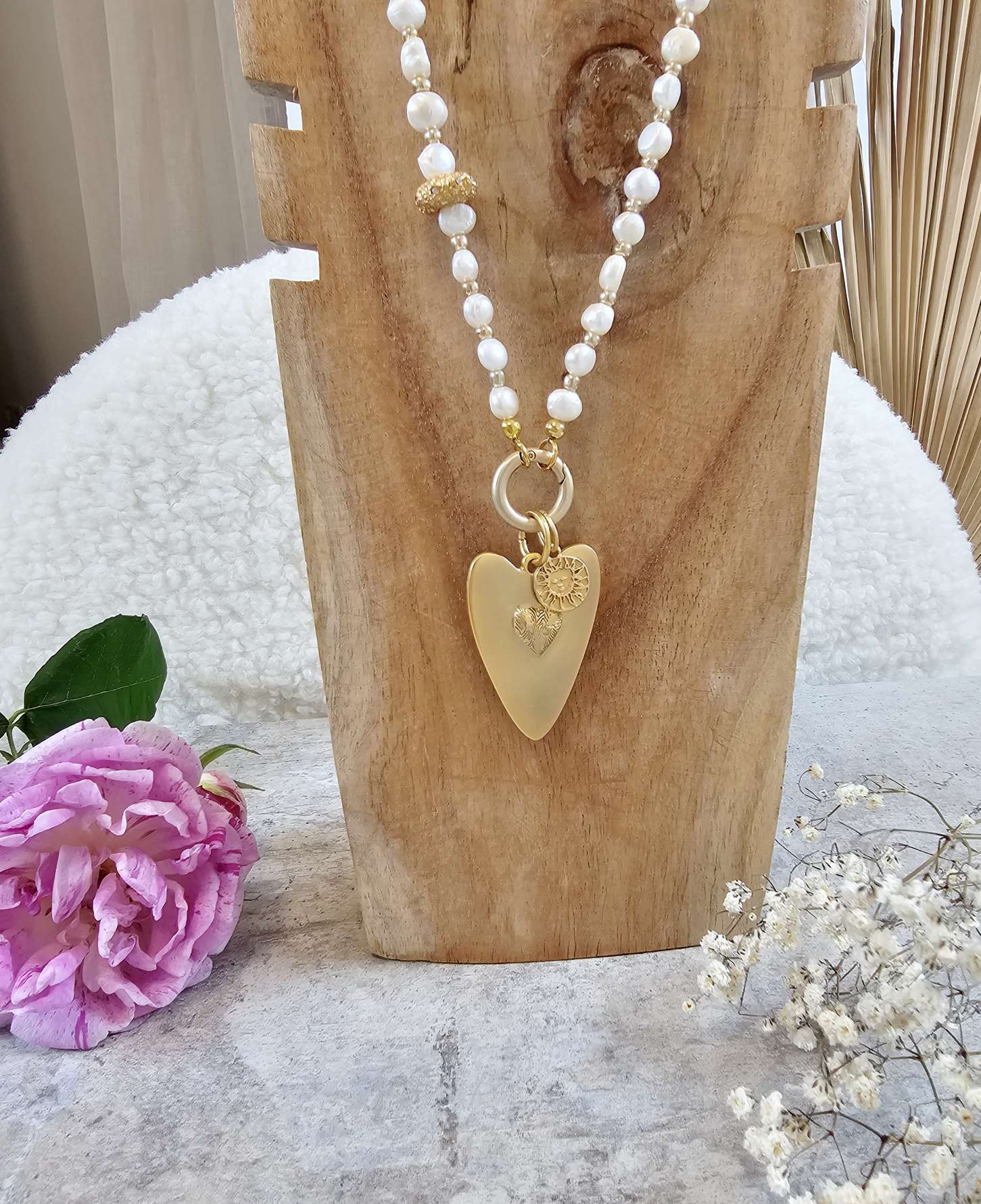  BAROCKE SÜSSWASSER PERLEN KETTE TAHITI Gold Shiny 88 AMULETT HEART SUN