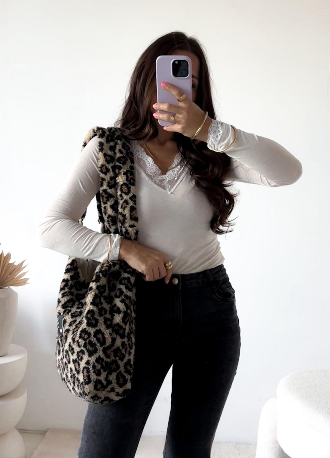 CASHMERE SHIRT ADRIANA MIT SPITZE an Ärmel & V-Ausschnitt, Stretchy 34-40/42 Made in Italy Longsleeve/langarm