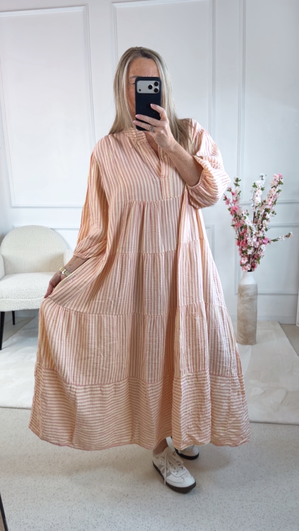 Langes Musselinkleid MALTA mit feinen Streifen Made in Italy Kleid