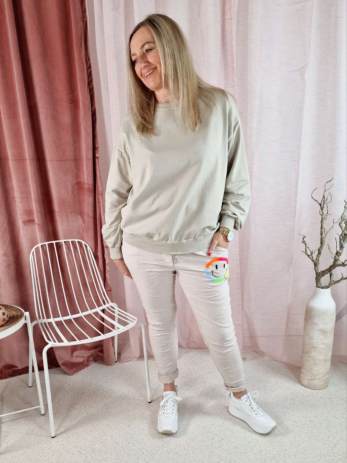 BASIC LONGSLEEVE SHIRT CORINNA BEIGE 34-42 Made in Italy Langarm Pullover