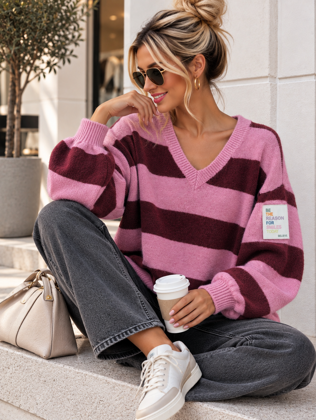 Strickpullover SP0095 – Streifenlook mit Statement-Patch Gr. 34-40/42 Pullover