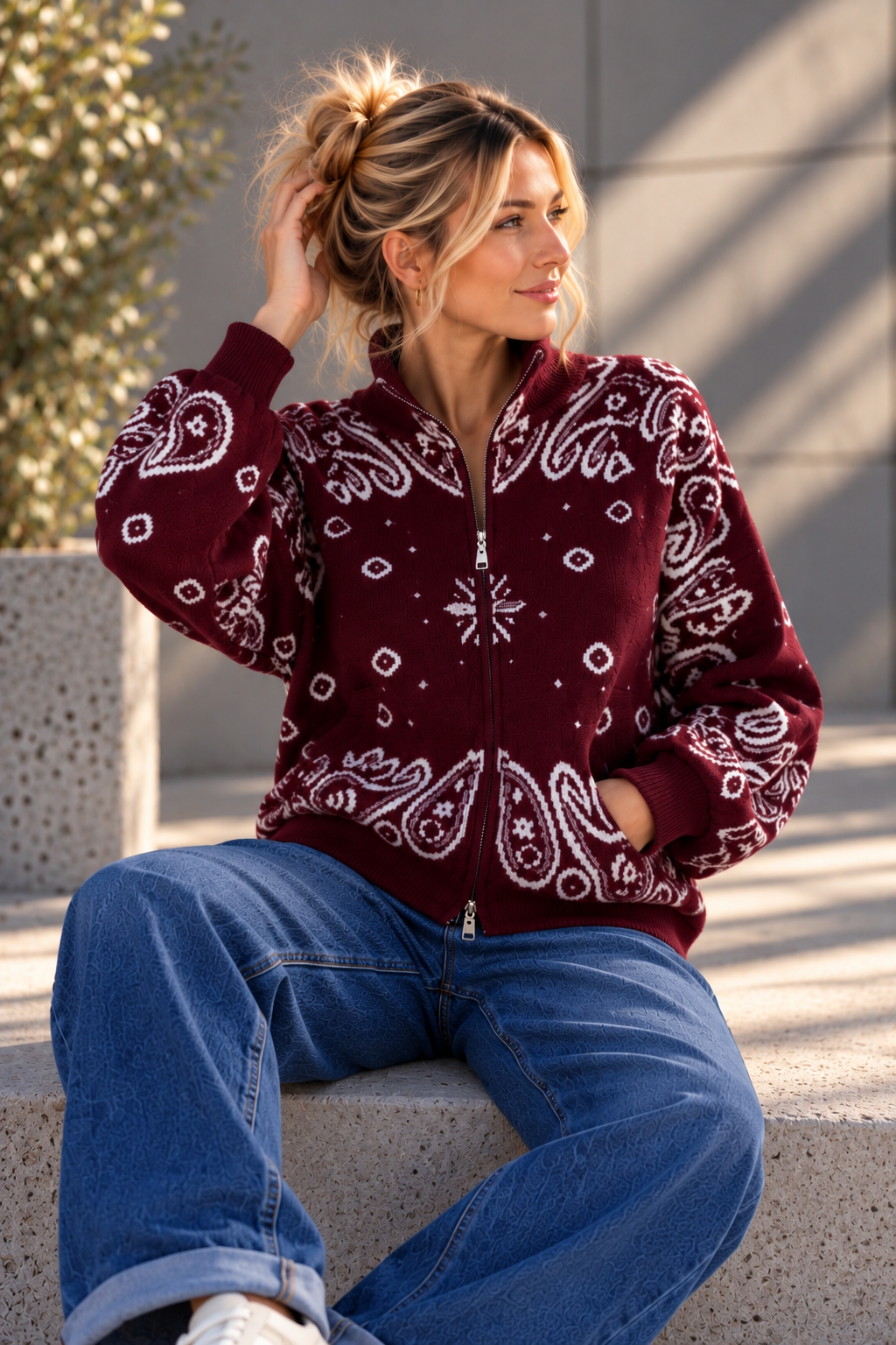 Zipper-Strickjacke mit Paisley-Muster SJ0165 I Made in Italy 34-40/42