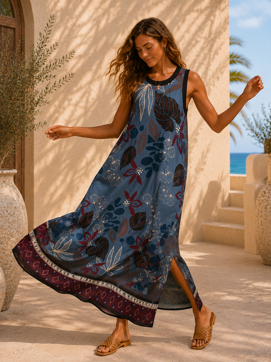Satin-Kleid Kalila Blätterprint Made in Italy Viskose Qualtiät Gr. 34-40/42