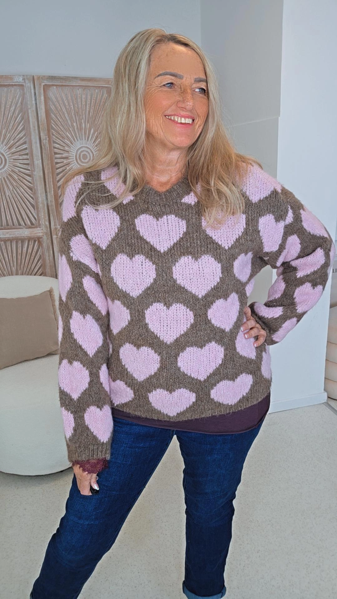 COZY STRICK PULLOVER BIANCA HEARTS 34 - 42 Made in Italy Strickpullover Knit Sweater Herz-Muster