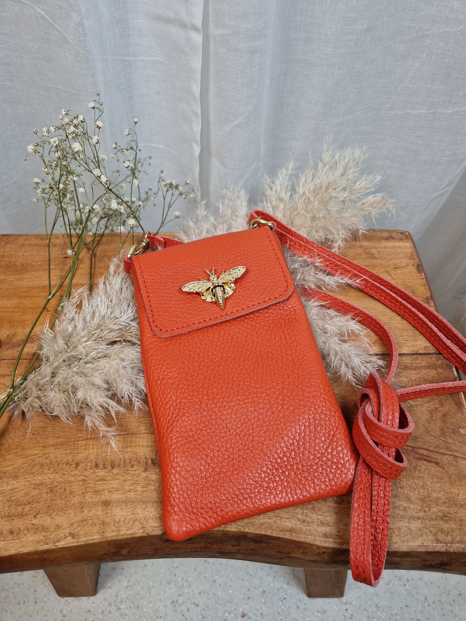 HANDYTASCHE BIENE SMALL ORANGE Ledertasche Umhängetasche Made in Italy echt Leder Tasche 