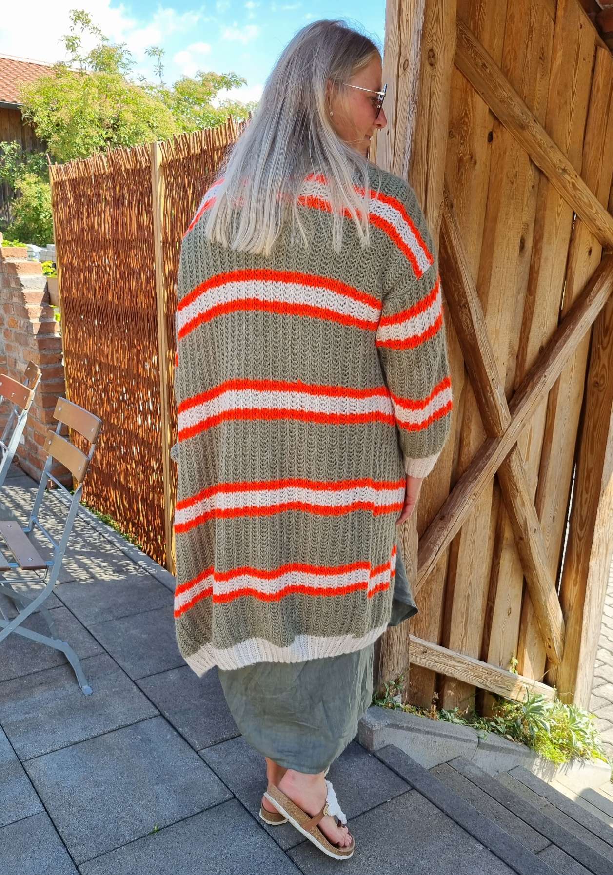 LONG KNIT CARDIGAN MYKONOS STRIPES KHAKI ORANGE CREME langer Strick Mantel Jacke Made in Italy Streifen 34-42 LONG KNIT CARDIGAN MYKONOS STRIPES KHAKI ORANGE CREME langer Strick Mantel Jacke Made in Italy Streifen 34-42