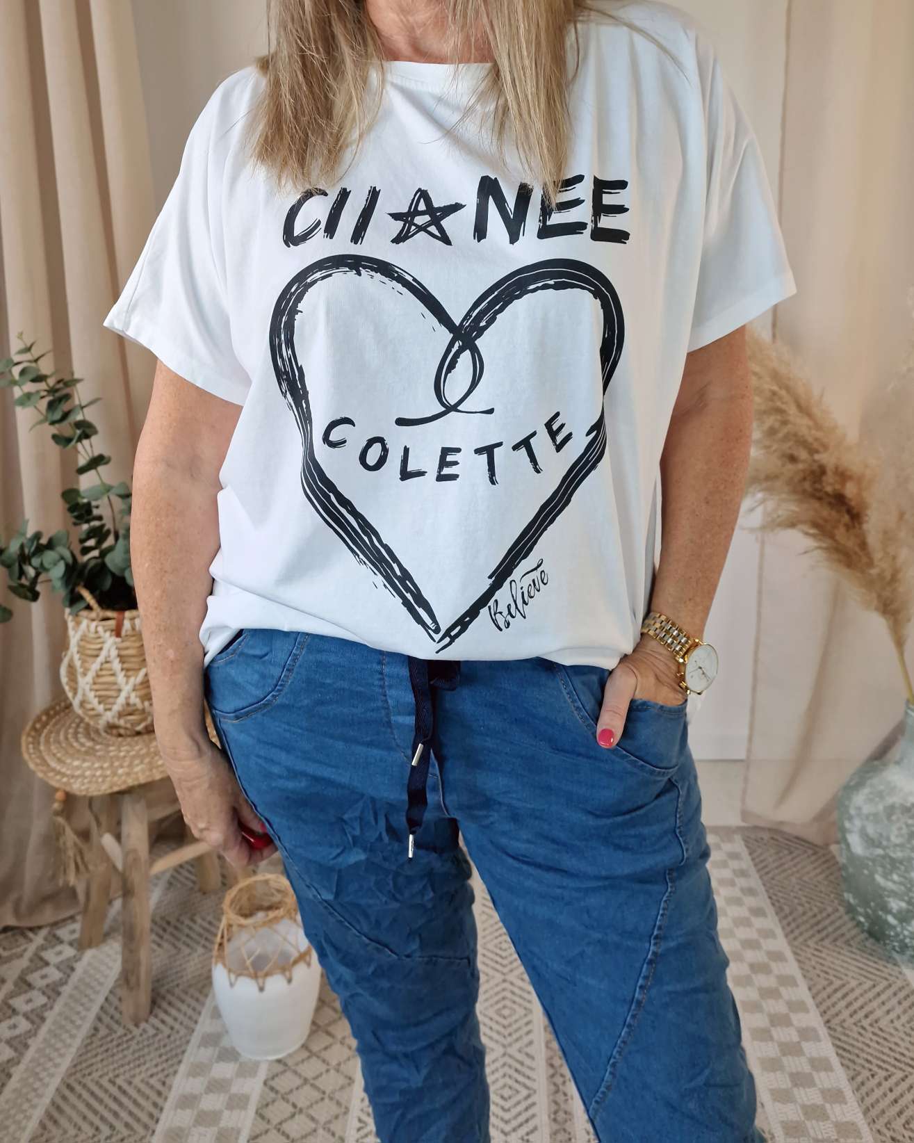 BASIC T-SHIRT BELIEVE WEIß Trend Made in Italy  36 - 42 Kurzarm Shirt