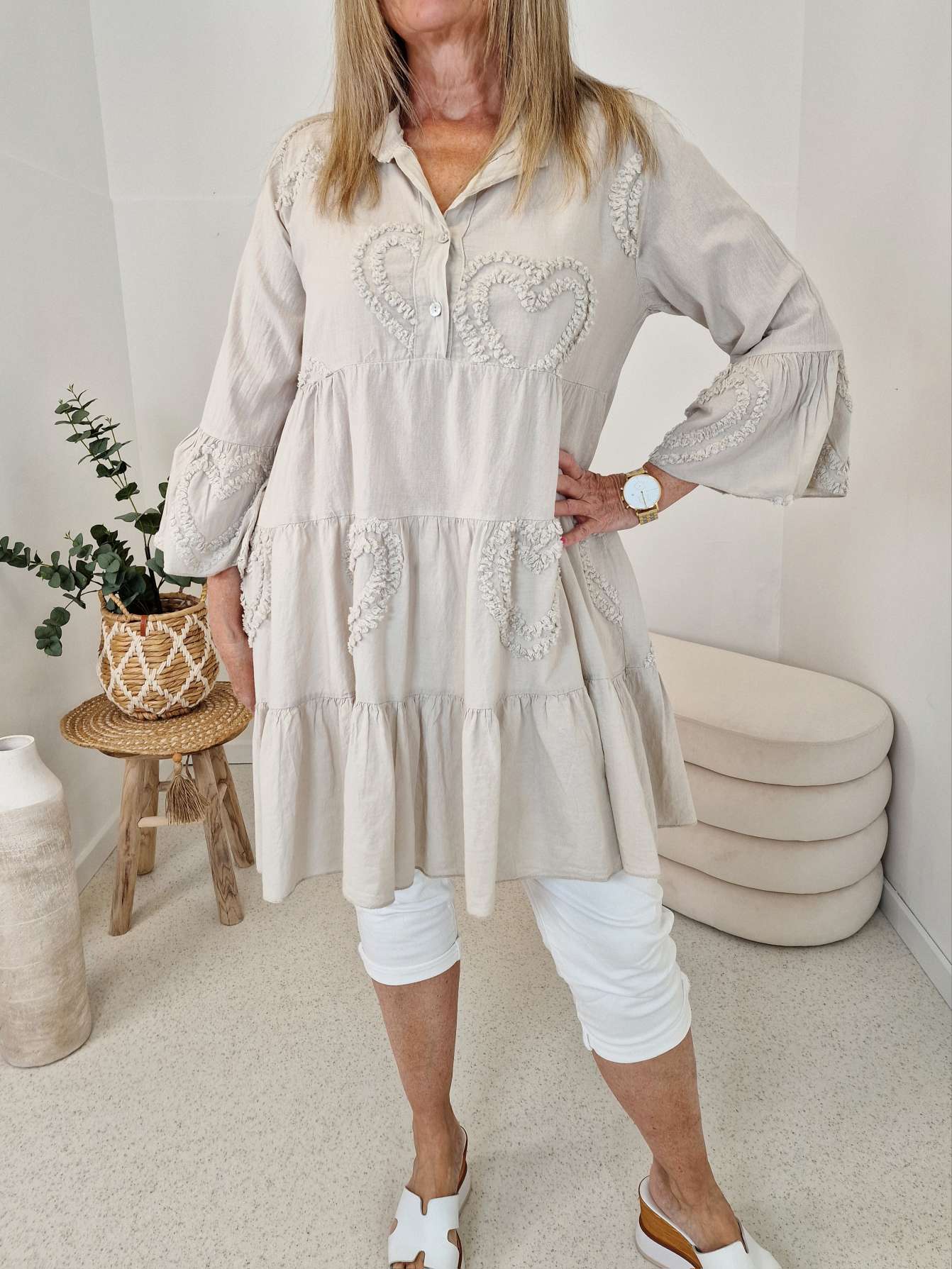 TUNIKA DRESS CLAIRE HEART BEIGE 34-42 Made in Italy Midi Kleid TUNIKA DRESS CLAIRE HEART BEIGE 34-42 Made in Italy Midi Kleid