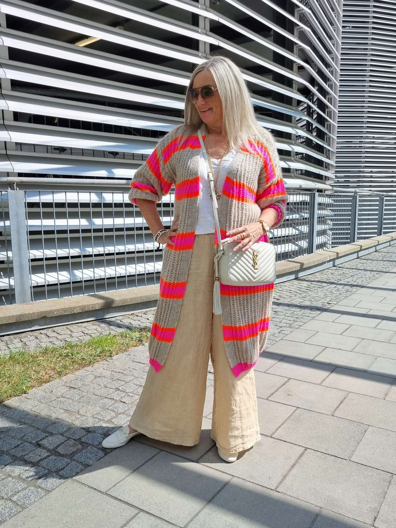 LONG KNIT CARDIGAN MYKONOS STRIPES BEIGE langer Strick Mantel Jacke Made in Italy Streifen 34-42 LONG KNIT CARDIGAN MYKONOS STRIPES BEIGE langer Strick Mantel Jacke Made in Italy Streifen 34-42