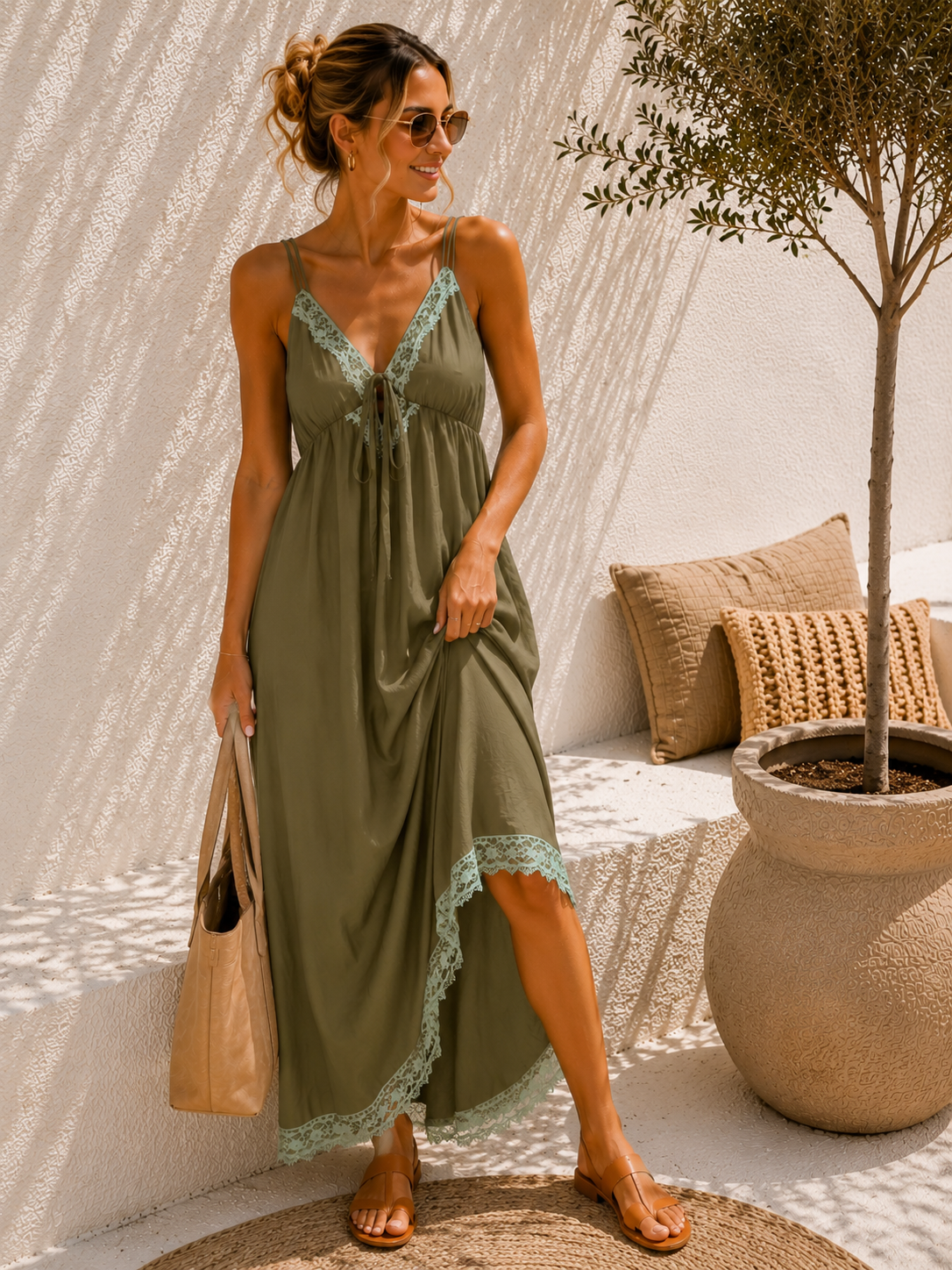 Maxikleid „Burano“ Khaki Spitzenbesatz Uni 34-42/44