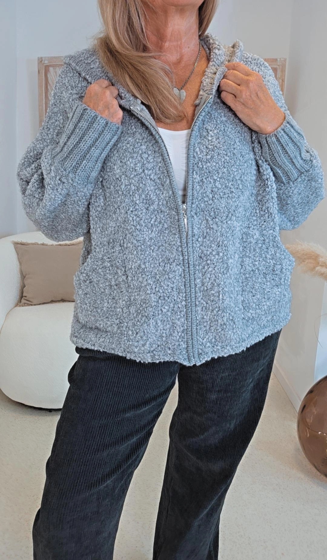 BOUCLÉJACKE NADJA mit Kapuze, Reißverschluss & Alpaka 34-42/44 Made in Italy