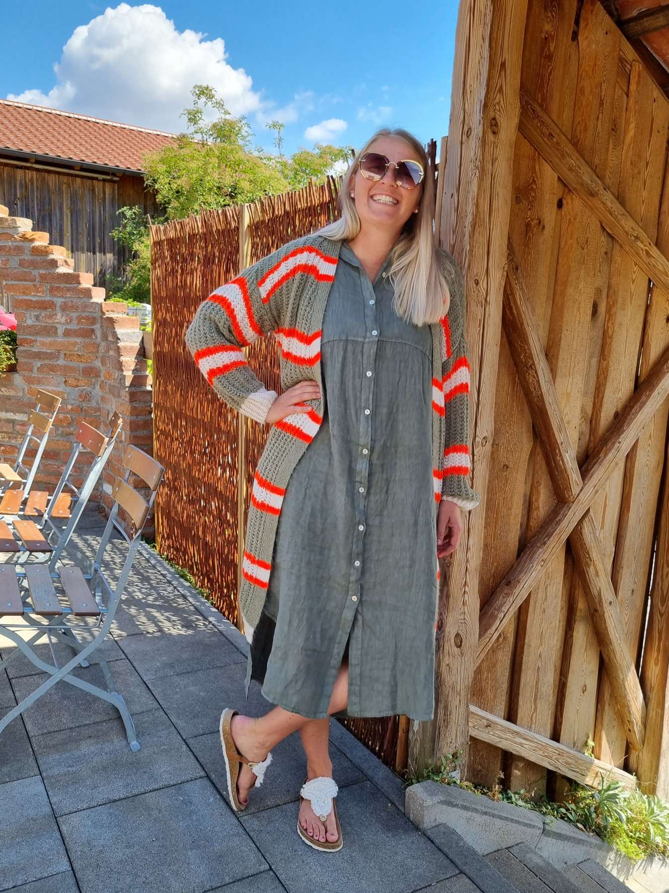 LONG KNIT CARDIGAN MYKONOS STRIPES KHAKI ORANGE CREME langer Strick Mantel Jacke Made in Italy Streifen 34-42 LONG KNIT CARDIGAN MYKONOS STRIPES KHAKI ORANGE CREME langer Strick Mantel Jacke Made in Italy Streifen 34-42