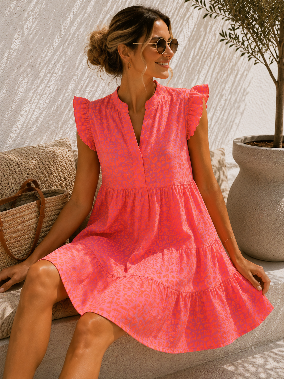 LEO MUSSELIN KLEID TAMI ROSA NEONORANGE kurz Rüschen 34 - 42