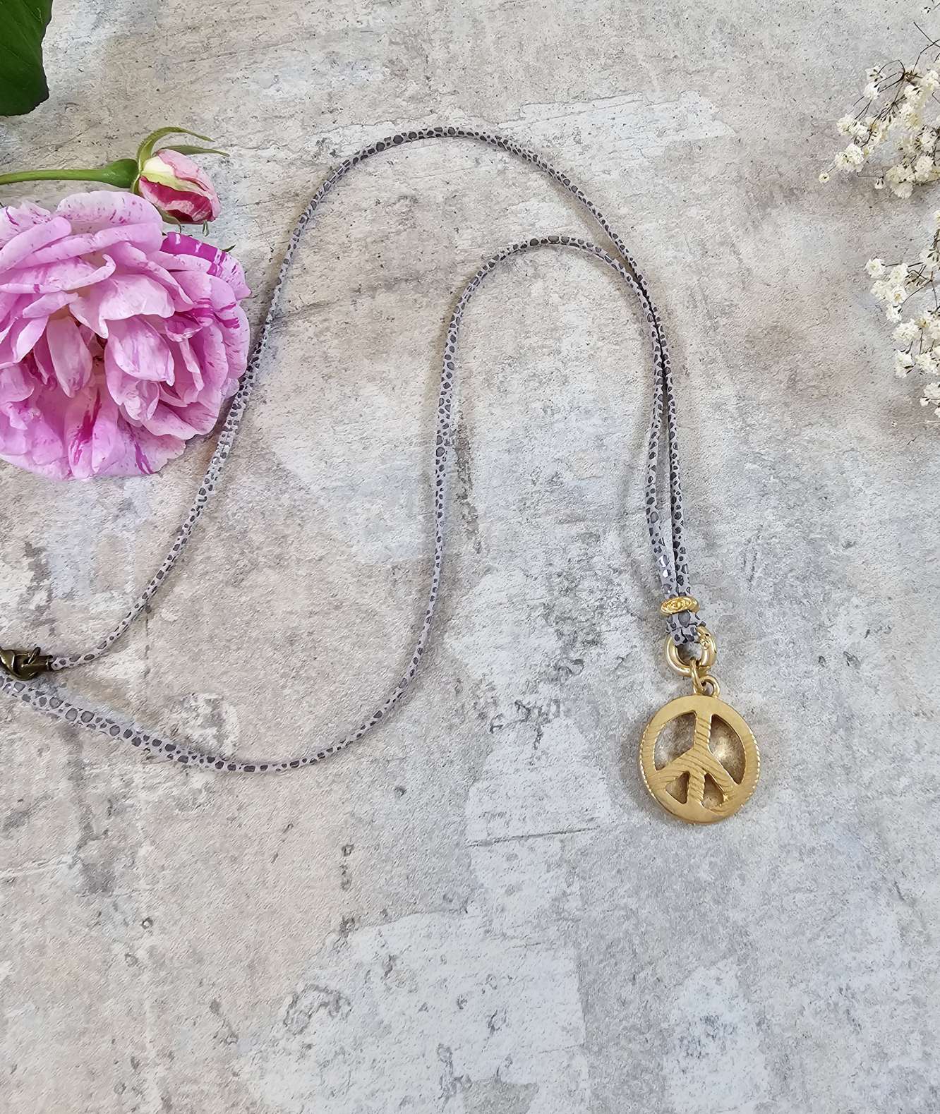  LEDER KETTE SNAKE GREY PEACE GOLD SHINY Halskette Wechselkette Echt Leder